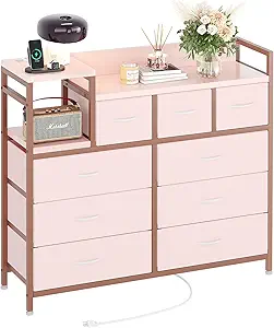 GarveeHome 9-Drawer Storage Bedroom Dresser TV Stand | Multi-Functional with Built-in Charging Station, Tall Dresser for Closet Organization, Kids Room & Apartments, Pink