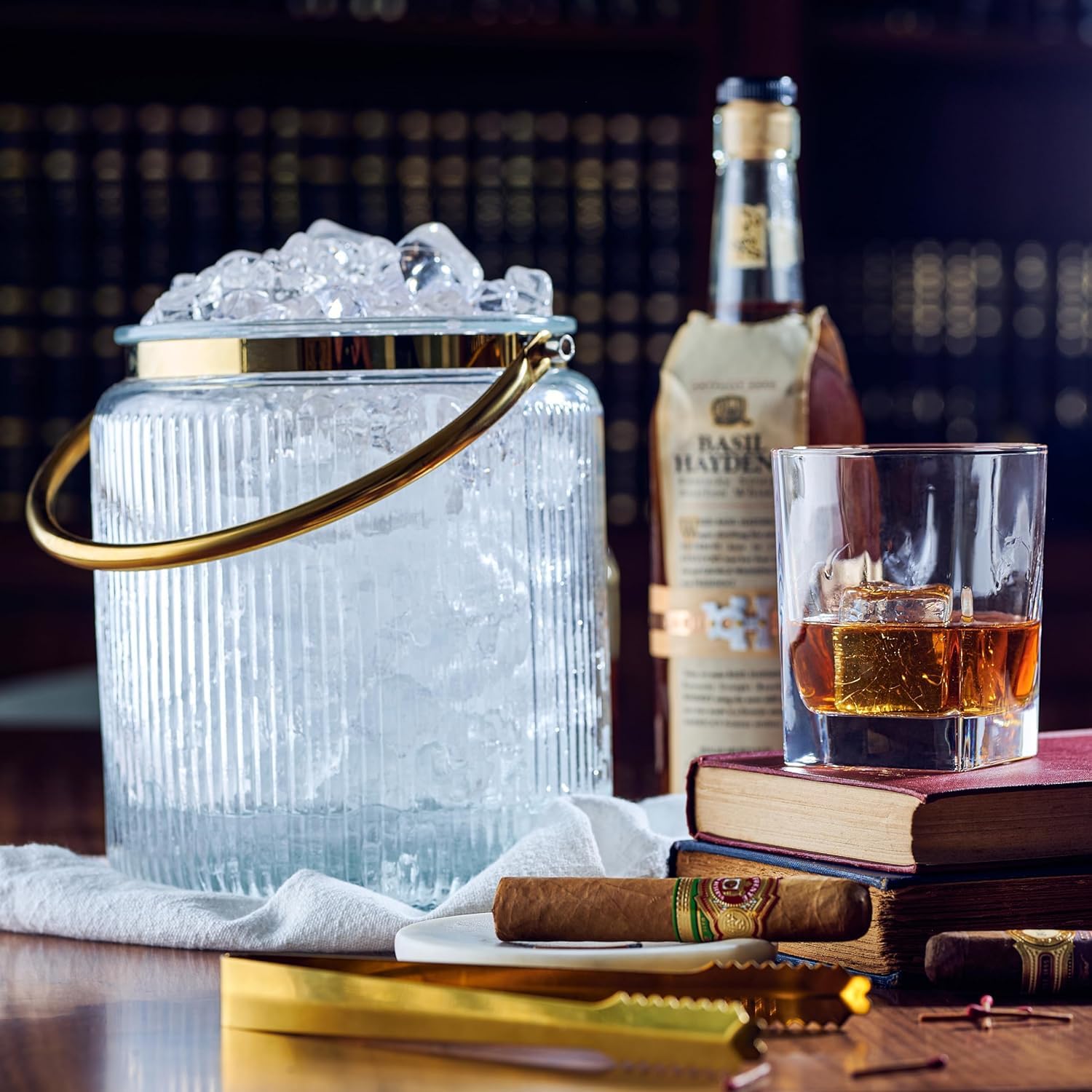 Le'raze Cubo de hielo de vidrio con tapa hermética cuchara y mango de pinza de hielo – Bañera de bebidas acanalada de 3 litros accesorios de bar, cerveza, enfriador para fiestas, enfriador de champán