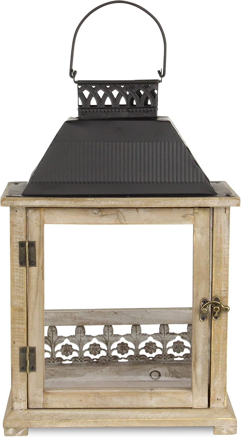 Rectangular Wooden Black Metal Top and Galvanized Accent Decorative Lantern, Brown