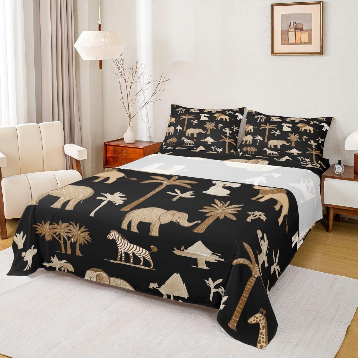 Homewish Dżungla zwierzęta zestaw pościeli podwójne kreskówka kawaii prześcieradła słoń lew żyrafa zwierzę prześcieradło zestaw - dzika przyroda dopasowane górne prześcieradła 4 sztuki