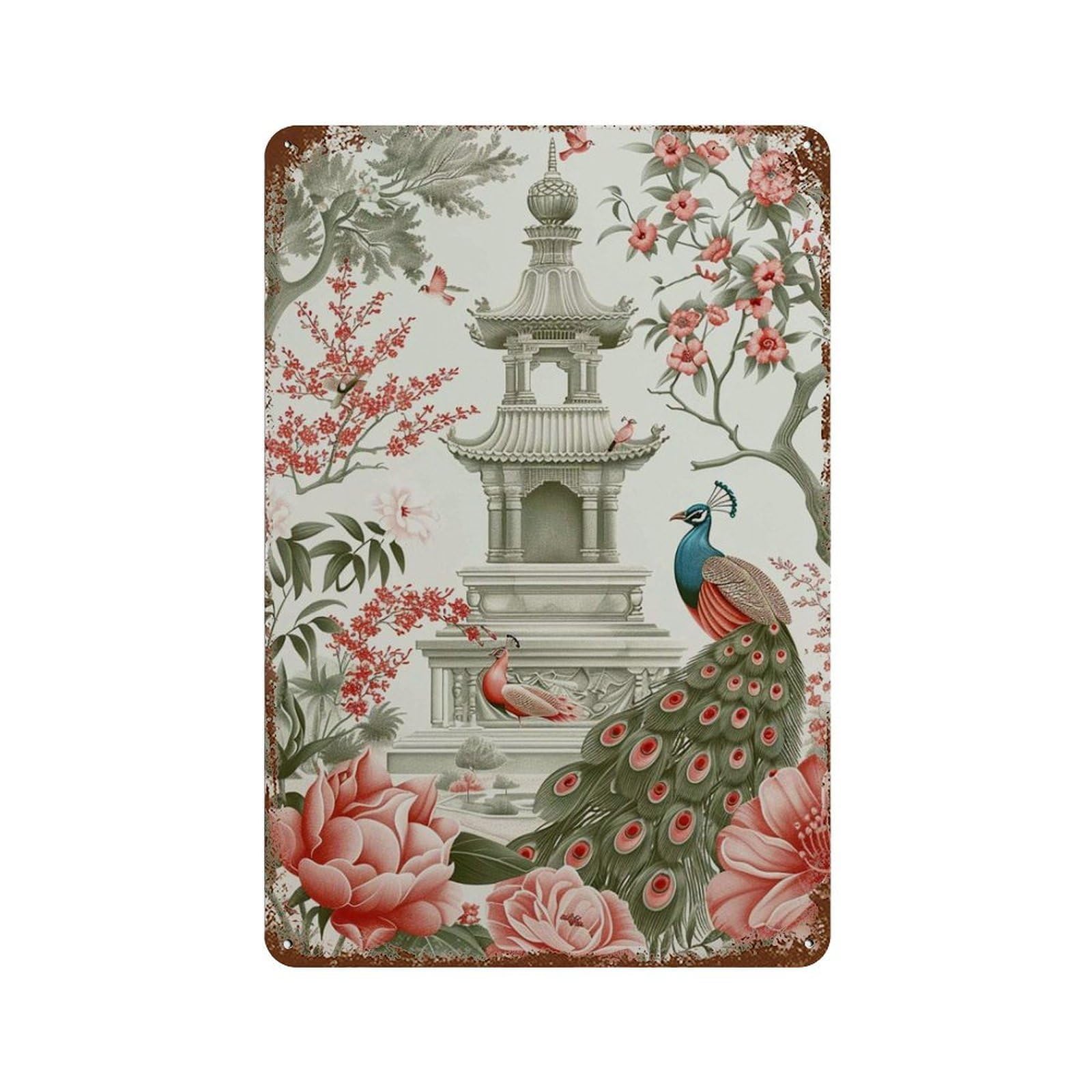 xiaoxiaoshen Chinoiserie Peacock Asian Garden Floral Pagoda Romantic Botanical Style Elegant Wall Decor Art Metal Tin Poster Modern Home Decor Art Home Bar Shop Decorations Vintage Sign 30x20cm