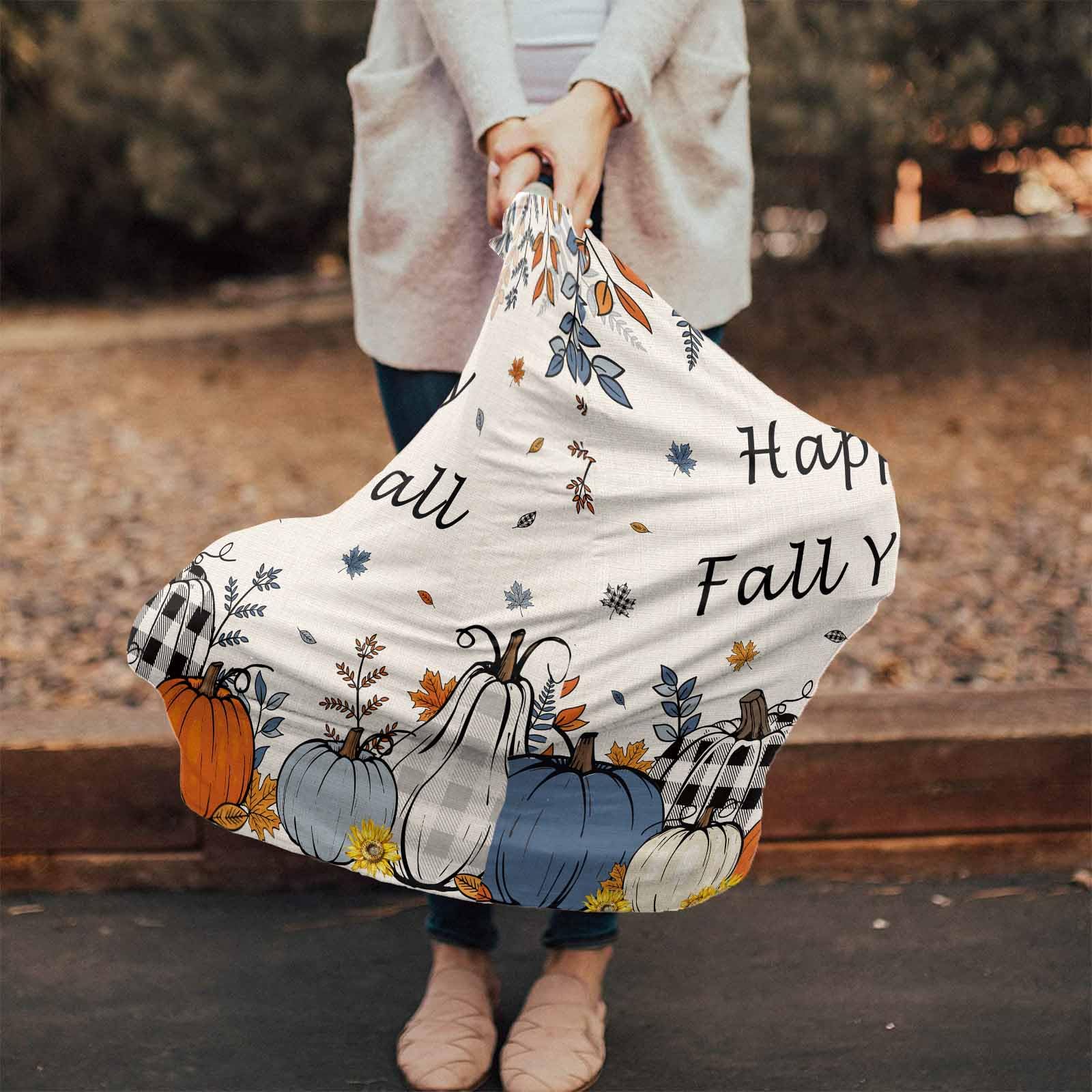 Nursing Cover for Breastfeeding Scarf, Comic Leaves Pumpkins Fall Checkered Vintage Baby Car Covers Super Soft Multi Use for Canopy Shopping Cart Cover Blanket Stroller Cover