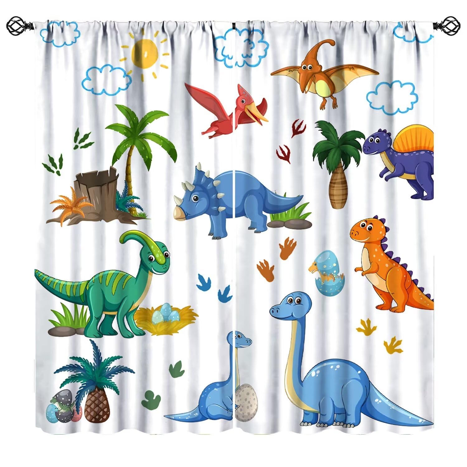 Mchenxin Dinosaur Kids Curtains, Cartoon Cute Dino Tropical Plants Jungle Animal Dinosaur Paw Print Window Curtains for Boys Girls Bedroom Living Room