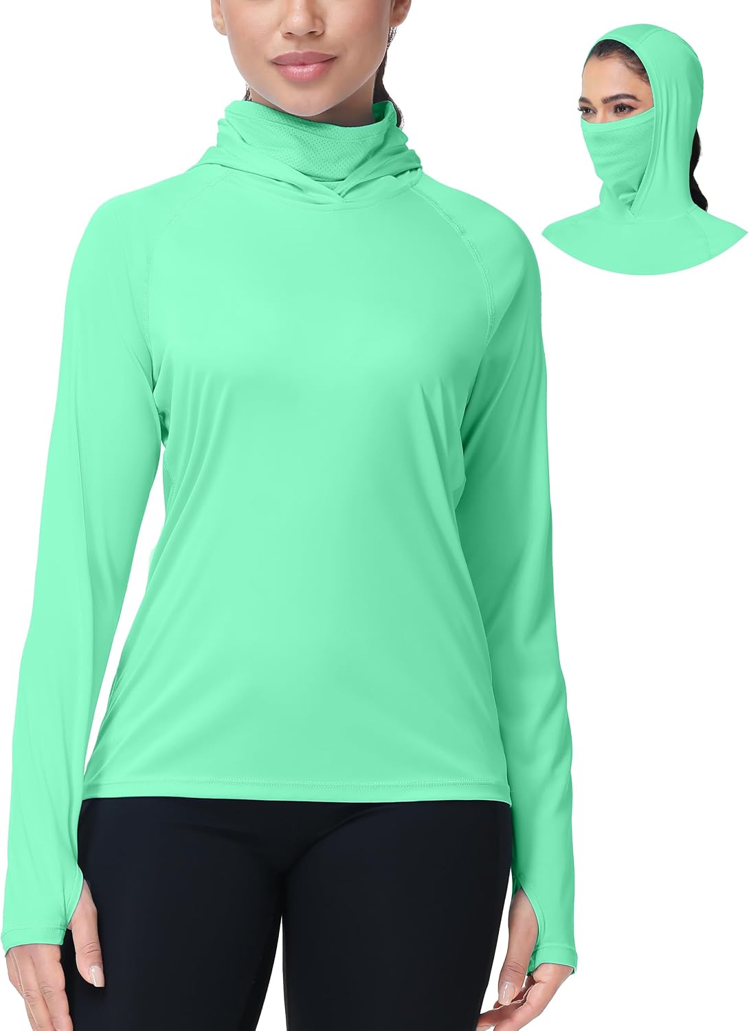 isnowood Women's Sun Protection Hoodie UPF 50+ Hiking Fishing Shirt, Long Sleeve UV Rash Guard with Face Mask Lightweight