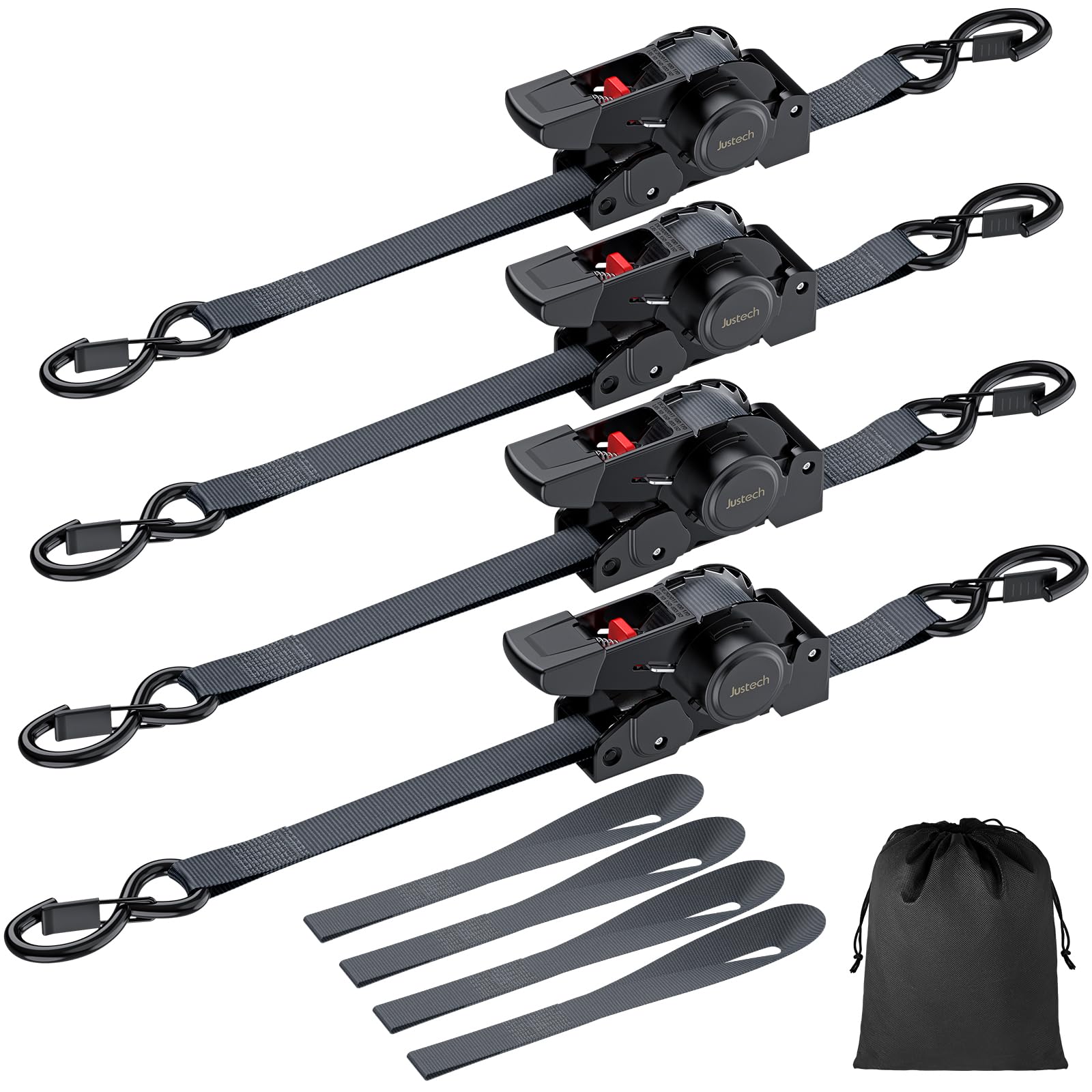 Justech 4 Pack Retractable Ratchet Straps 3.5 Meter -1411 lbs Break Strength