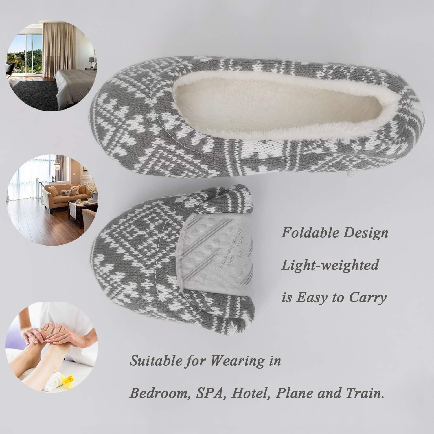 ofoot Womens Indoor Warm Knit House Shoes,Ballerina Slipper Socks,Washable Ballet Style Flats,Soft Soled Non Slip Rubber Bottom with Grips - Image 4