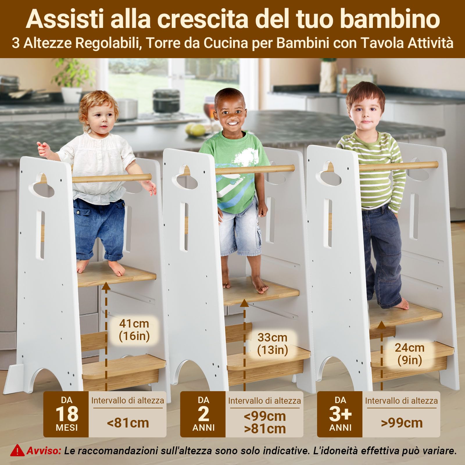 COSYLAND Torre Montessoriana Bambini 1 Anno – Torretta Montessoriana Legno Spesso Regolabile 3 Altezze Bianco Classico Naturale