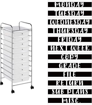 12 Pieces Rolling Storage Cart Labels 10 Drawer Rolling Storage Cart Label Blackwhite Classroom Decor for Teacher Office School Classroom Organization