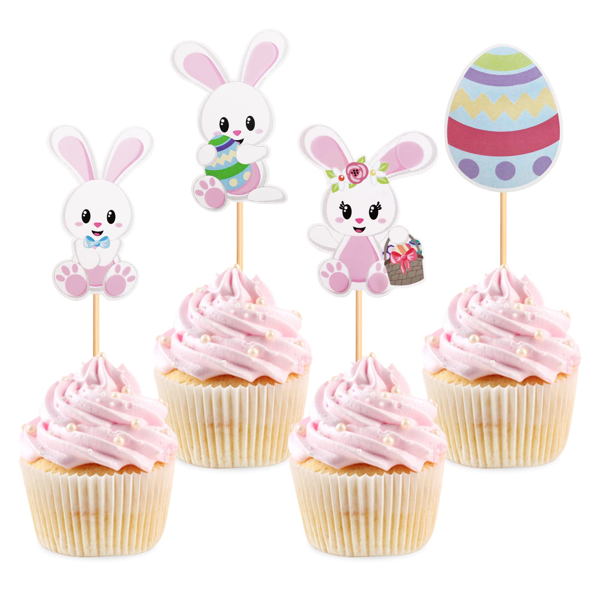 Blumomon 24Pcs Happy Easter Cupcake Toppers Glitter Bunny Egg Cupcake Picks Happy Easter Rabbit Theme Party Cake Decorations Supplies