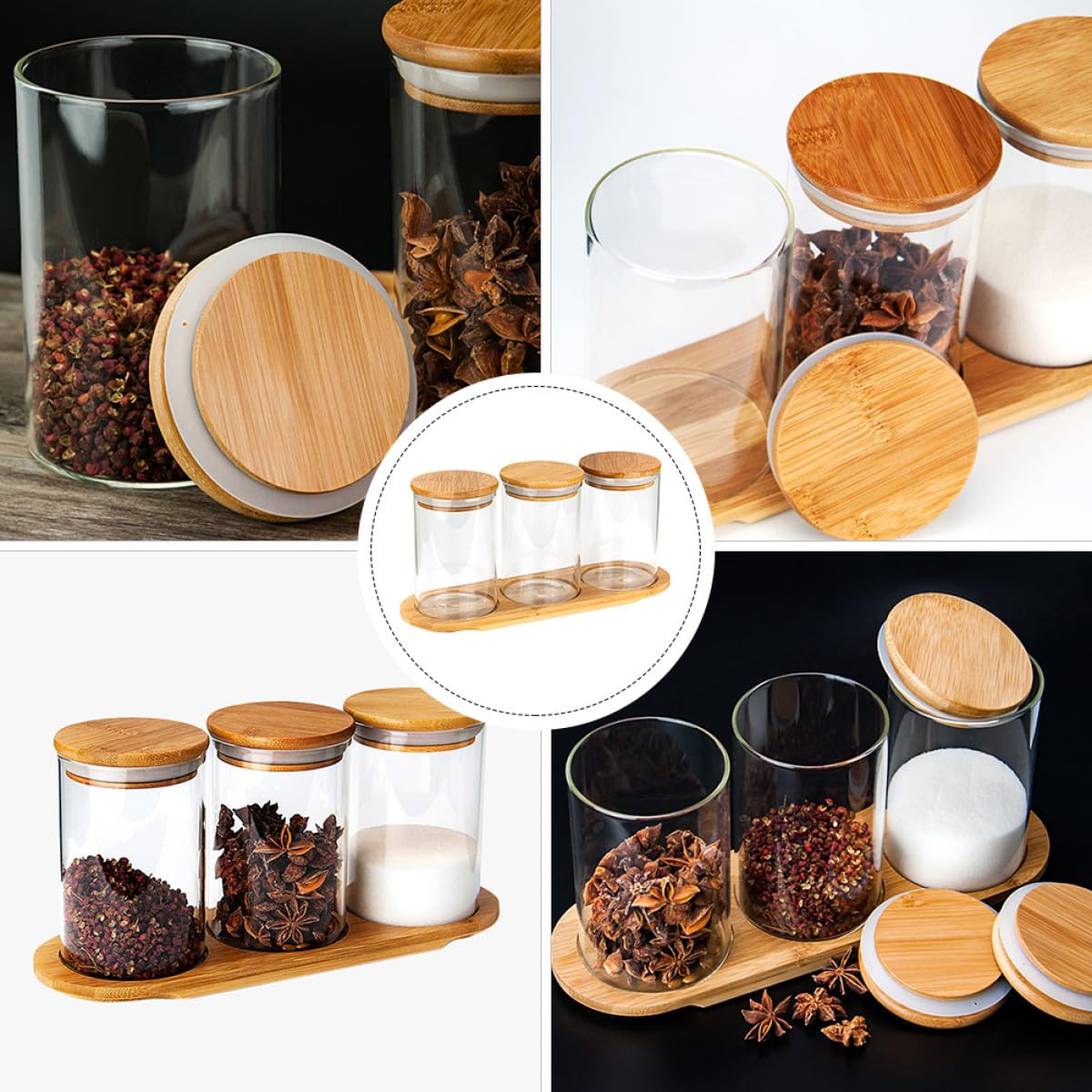 TOYANDONA Set 3 Barattoli Porta Spezie Coperchio Ermetico in Vetro Trasparente, Contenitori per Alimenti Sigillati Base in Bambù, per Cucina e Conservazione Spezie