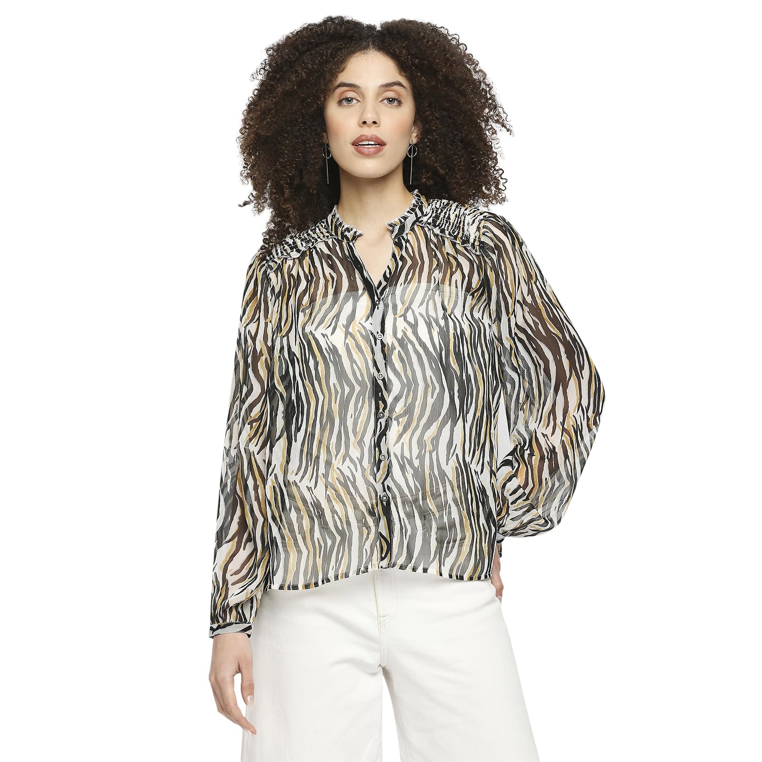 Pepe Jeans Women's Cotton Regular Fit Shirt Collar Animal Print Peasant Top in neutral