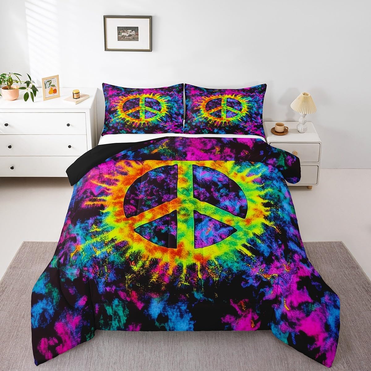 Peace Sign Comforter Set Queen Size,Colorful Tie-dye Art Bedding Set 3Pcs for Kids Teens Woman Men Room Decor,Vintage Hippie Style Quilt Set Black Reversible Duvet Insert,2 Pillowcases