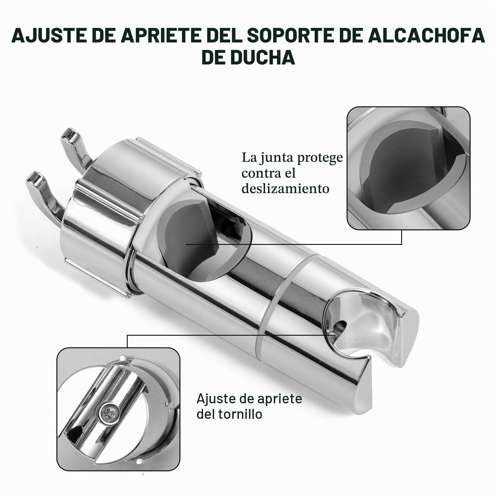 Vinabo Universal Soporte Ducha con 2 Ganchos, Soporte de Ducha, sin perforación, 18-25 mm, diámetro Ajustable, Espaciador Integrado para Proteger la Barra de Ducha