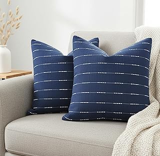 Modern Cotton Pillow Covers 18 x18 inches Navy Blue/Woven Loom Stripe Pa...