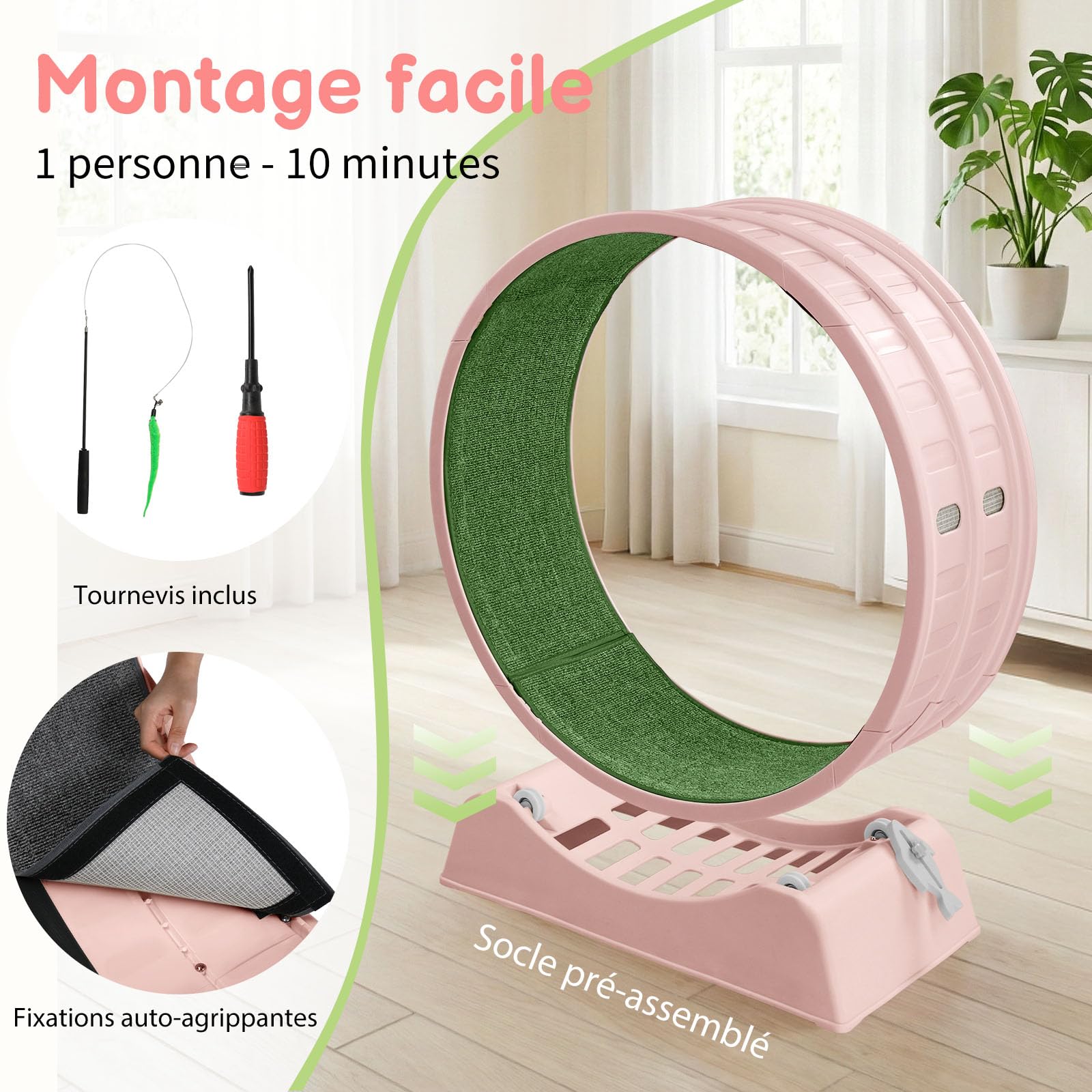 LEADZM Roue d'exercice pour Chat 80cm - Roue pour Chat pour 15 kg et Moins Chats - Connecteur de Rail en Plastique, résistant aux Rayures, Stable et Silencieux (Rose)