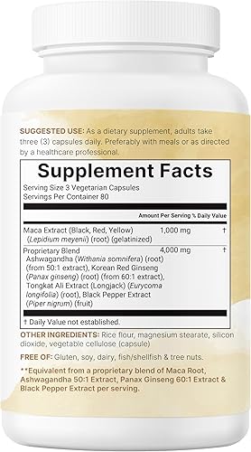 Miniatura 6 de Cápsulas de raíz de maca para mujeres y hombres de 5,000 mg  240 cápsulas vegetales con Ashwagandha, raíz de maca roja, negra, amarilla, Panax