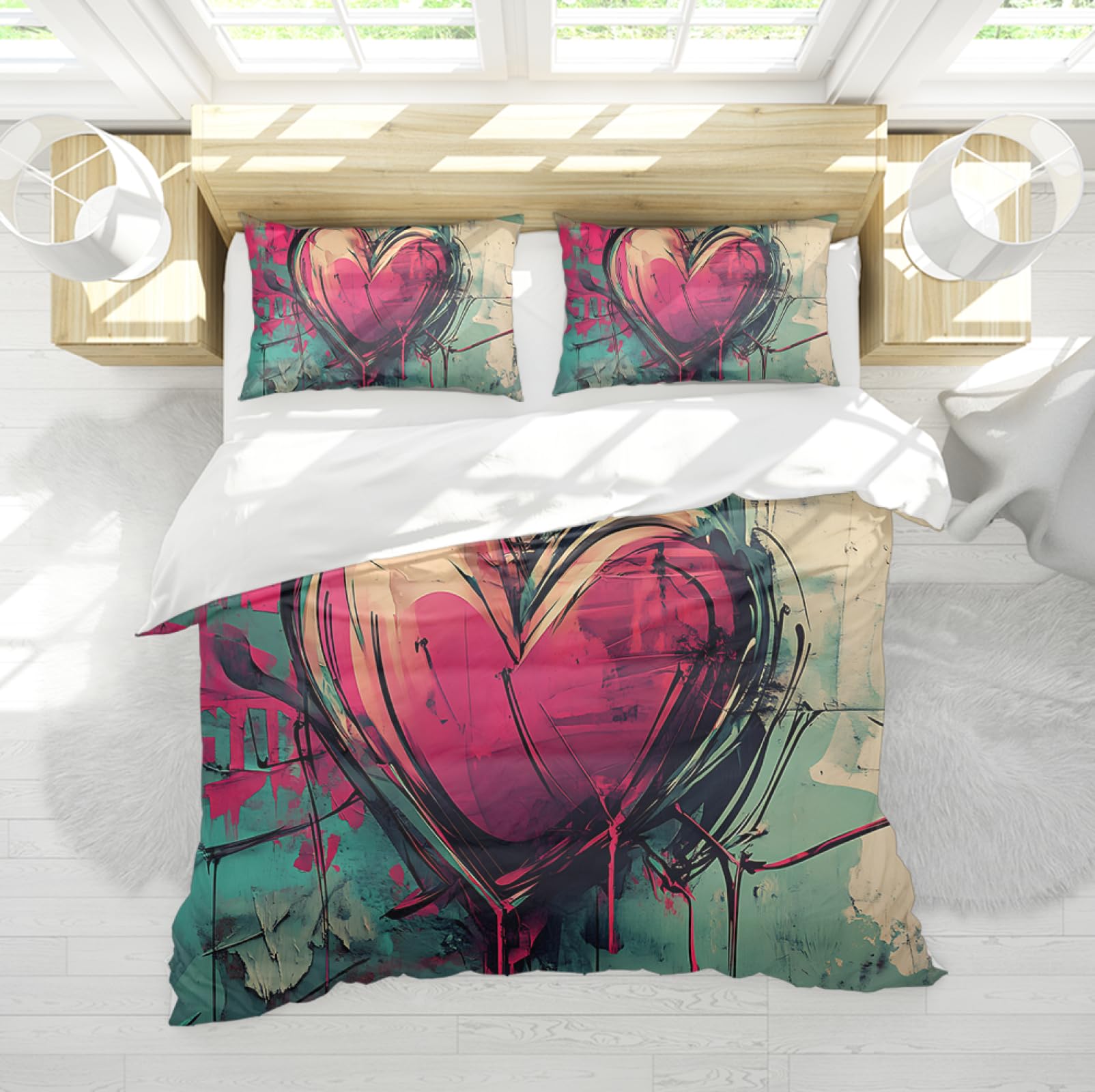 Housse de couette 220x240cm motif coeur graffiti violet avec 2 taies d'oreiller