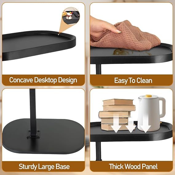 C Shaped End Table Adjustable Height 360° Swivel Wooden Narrow Side Tables