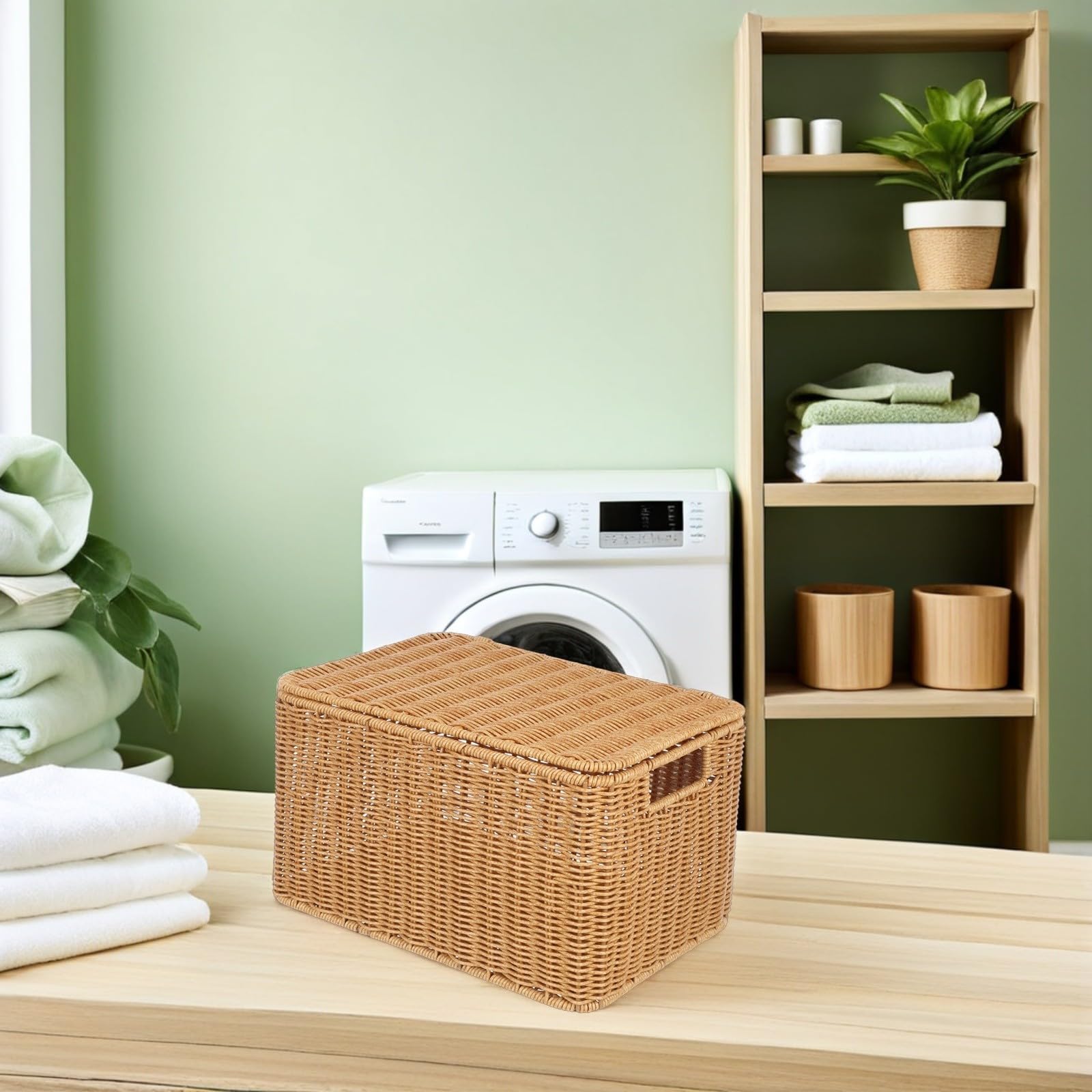 Ciieeo Cesta de Almacenamiento Rectangular de Imitación Ratán con Tapa Organizador Grande Multifuncional para Cocina Baño Juguetes y Ropa Cesta Práctica y Espaciosa para Ordenar Diversos