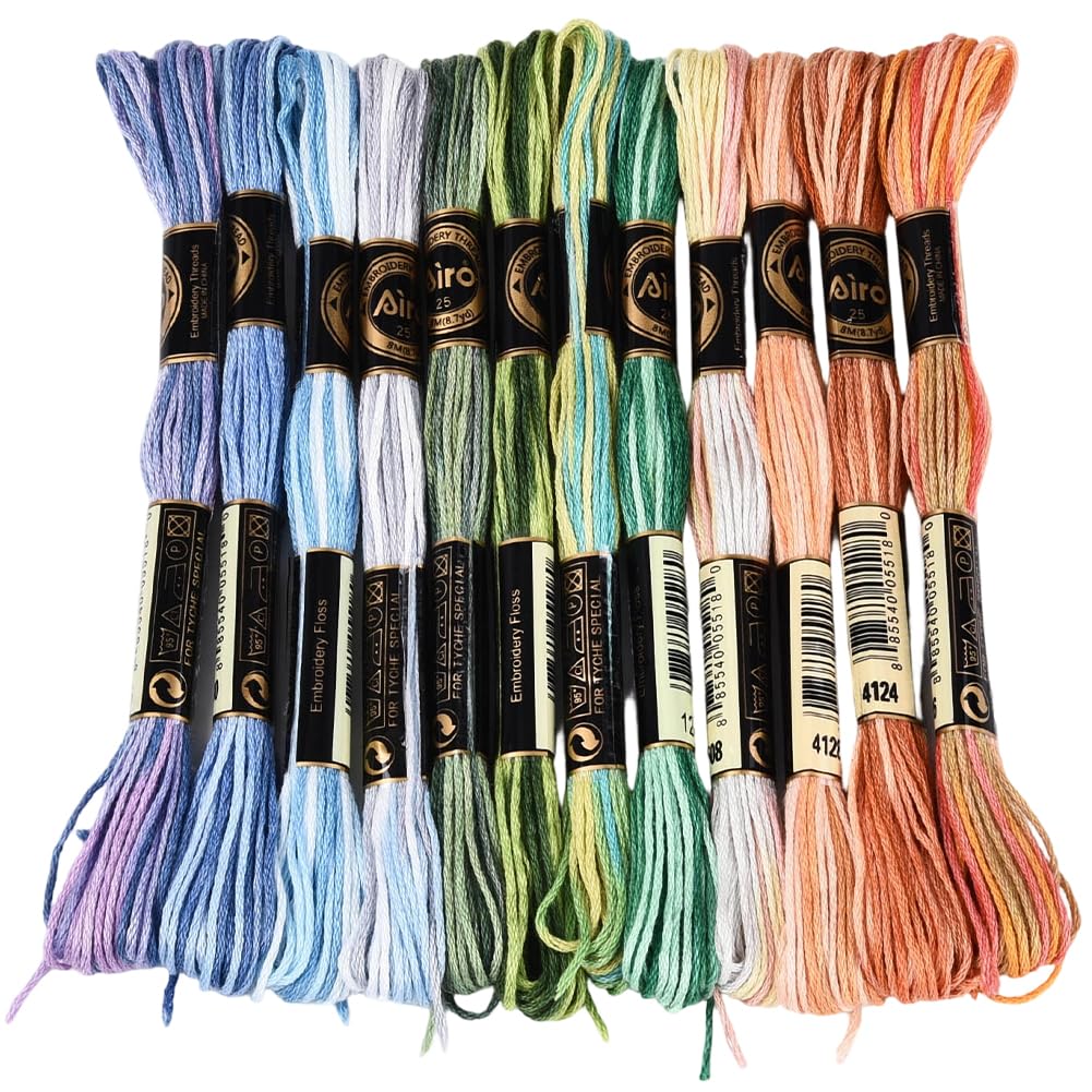 12 Skeins 105 Yards Cross Stitch Floss Variegated Friendship Bracelet String 6 Ply Polyester Colorful Gradient Embroidery Thread for Sewing Making Needlecraft Knitting Clothes Stitching DIY