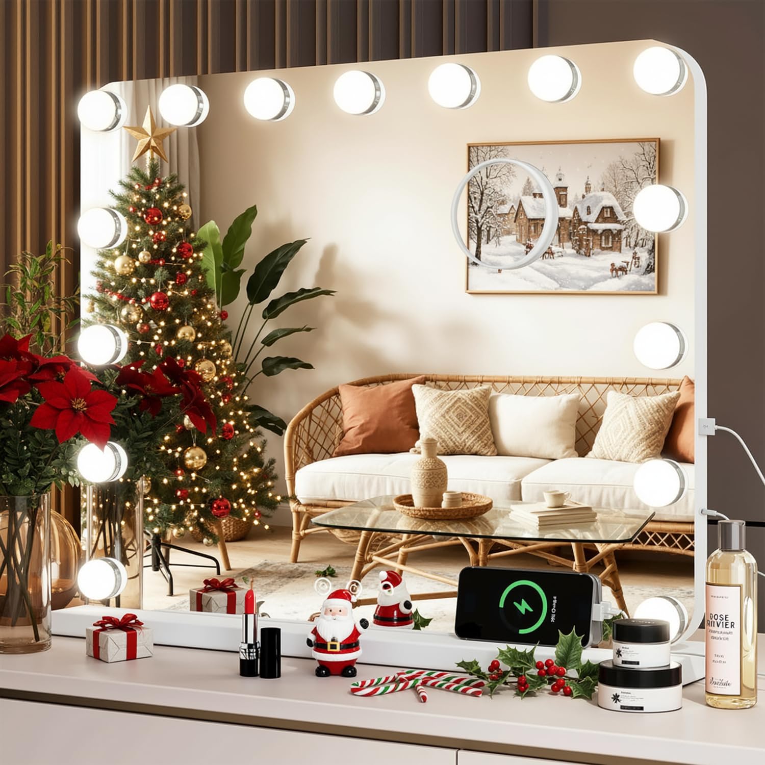 Hollywood Vanity Mirror with Lights, 15 Dimmable Led Bulbs, 3 Colors Lighting Modes, Lighted Makeup Mirror with 10x Magnification, USB Charging Port, Touch Control, Wall and Table Mirror (50x40cm)