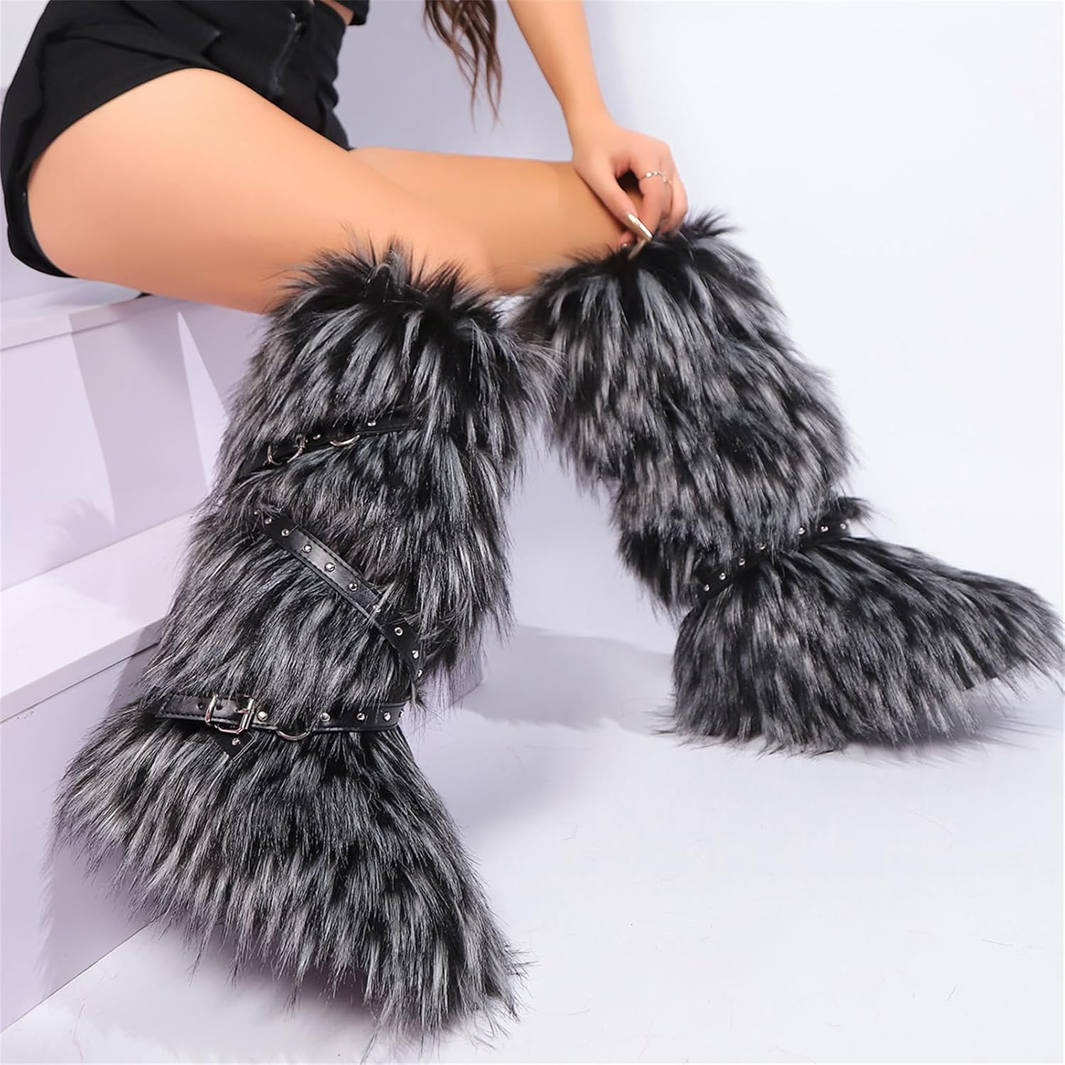 Fur boots for women, Pink fuzzy boots with y2k style, Tall furry boot for winter, Comfortable shoes