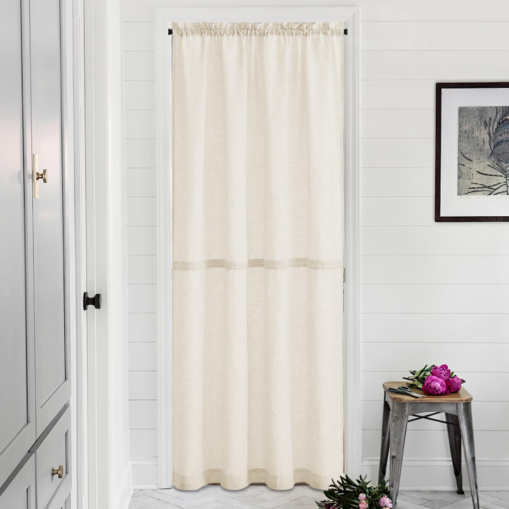 NICETOWN Closet Door Curtain 80 Inches Long with Drawsting Tieback, Linen Doorway Light Filtering French Door Rod Pocket Curtains for Patio Glass, 42W x 80L, Natural, Set of 1 Panel