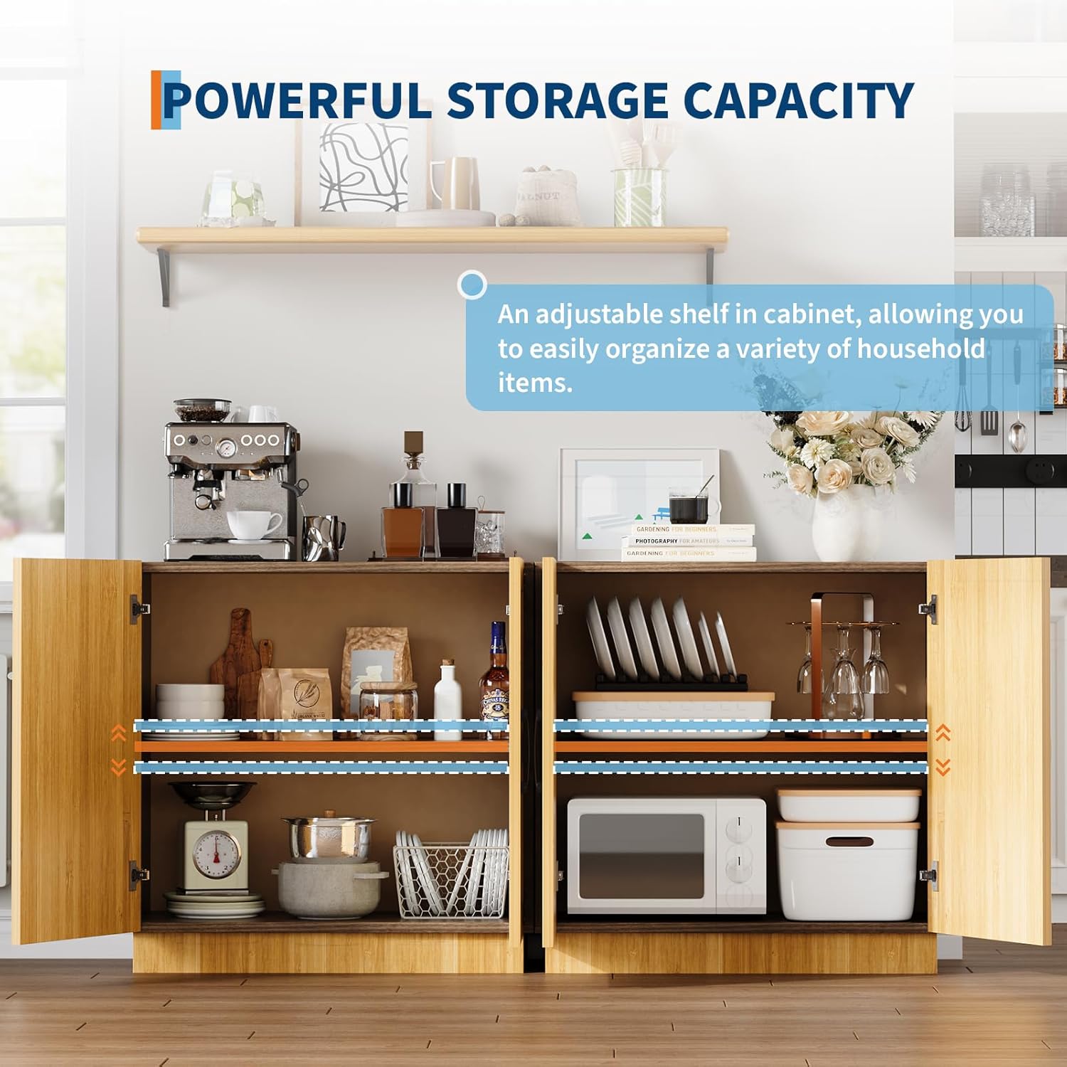 31.5" Modern Farmhouse Sideboard Buffet Cabinet with Adjustable Shelves, Minimalist Kitchen Credenza Storage Cabinet with Doors & Coffee Bar for Living Room, Dining Area & Entryway