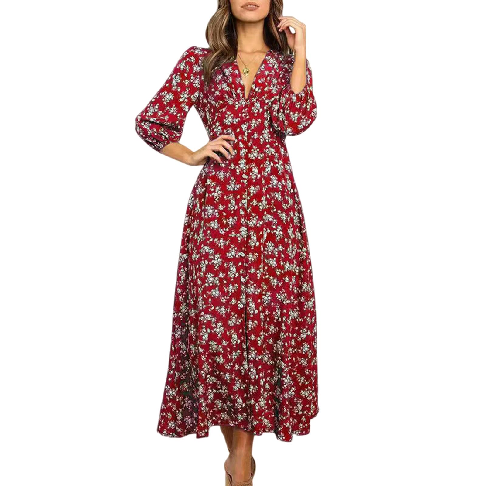 Vestito Donna Rosso Fiore Bohemian Maxi Abito, V-Collo Alta Vita 3 4 Manica, Abito Casual Fluente per La Spiaggia Estiva E Le Vacanze-Red-m