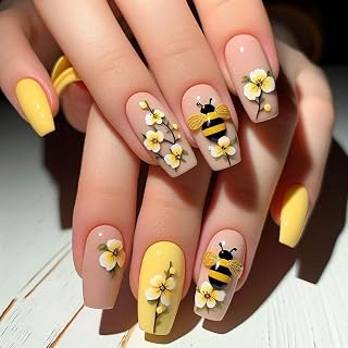 Summer Press on Nail Long Coffin Fake Nails with Floral designs Stick on Nail 3D Bee False Nails Glossy Full Cover Yellow Cute Glue on Nails Reusable Acrylic Press ones for Women Spring Manicure24pcs