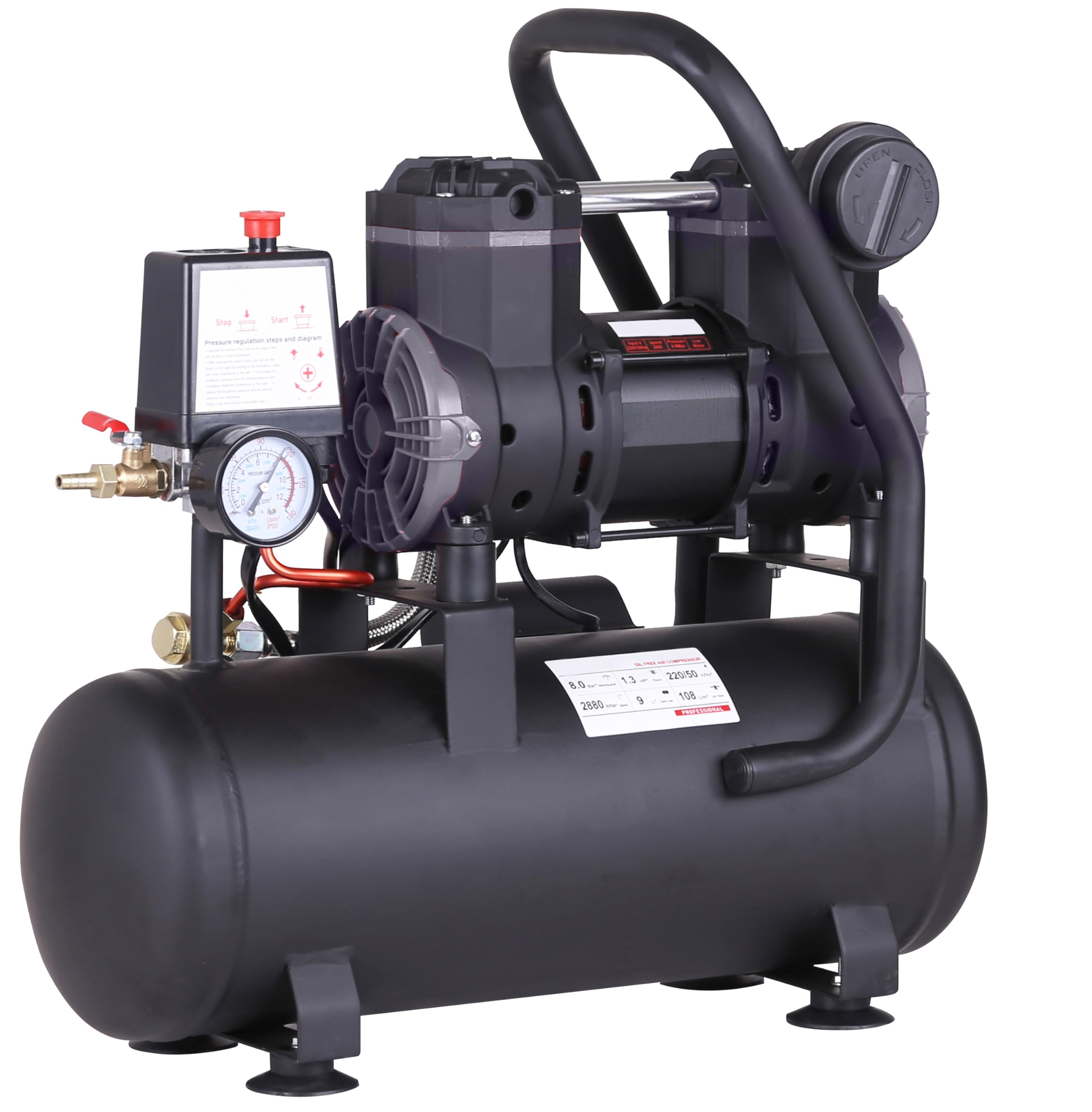 Compresor de aire profesional con certificado CE SILENCIOSO, 9 litros 1,3 CV 980W 8 Bares