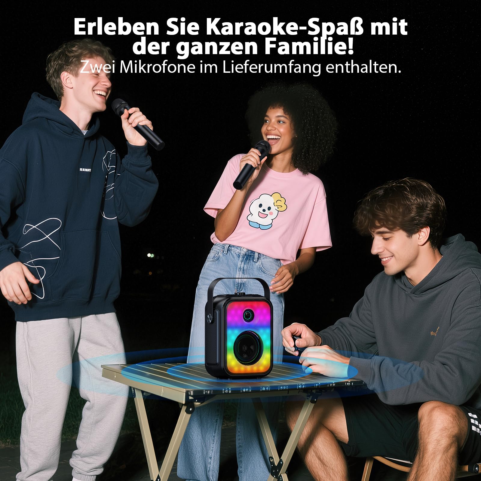 Karaoke Maschine für Erwachsene mit 2 kabellosen Mikrofonen, tragbarer Bluetooth-Lautsprecher mit Stereo-Kopplung, Bassregelung, LED-Beleuchtung und Unterstützung für FM/USB/AUX | Tragbarer Bluetooth-Lautsprecher mit Bass-Anpassung, LED, unterstützt FM/US