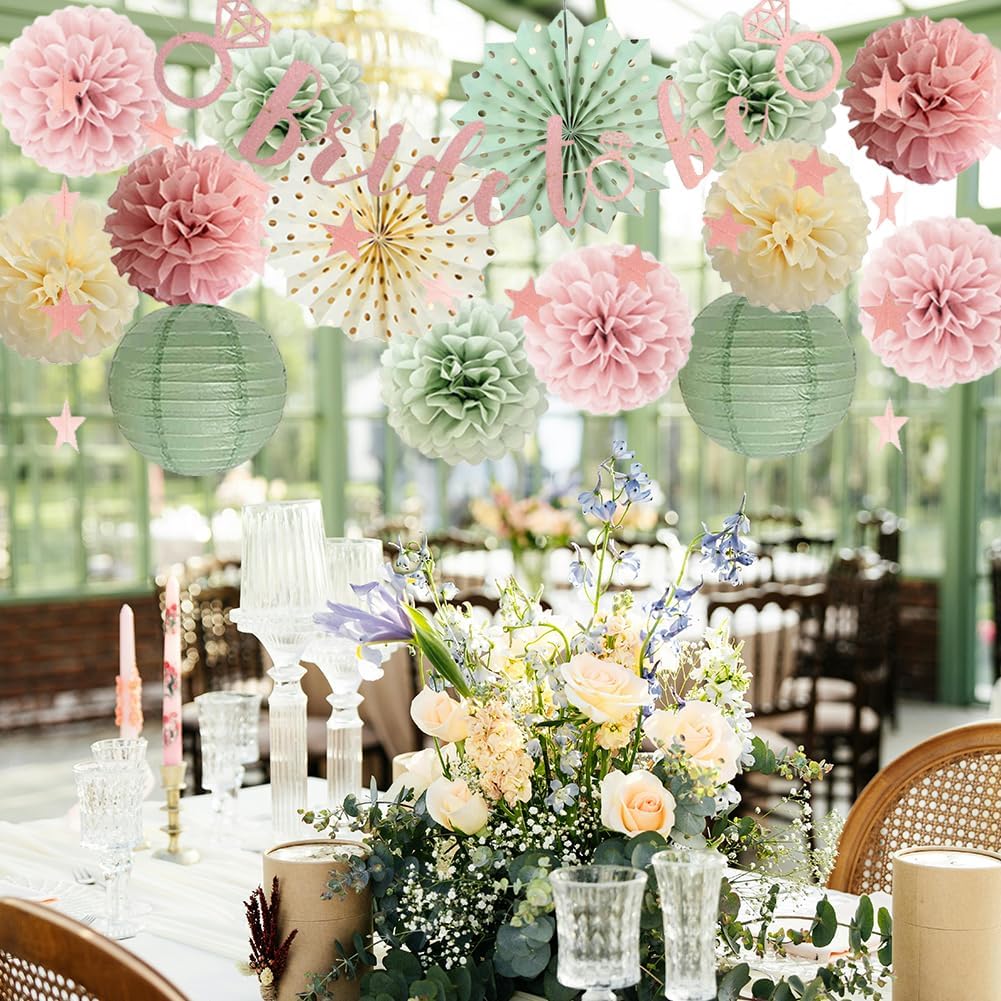 Sage Green and Pink Bridal Shower Decorations Dusty Blush Pink Bachelorette Party Decorations Bride to Be Banner Wedding Party Decor with Paper Pom Poms Lanterns - Image 5