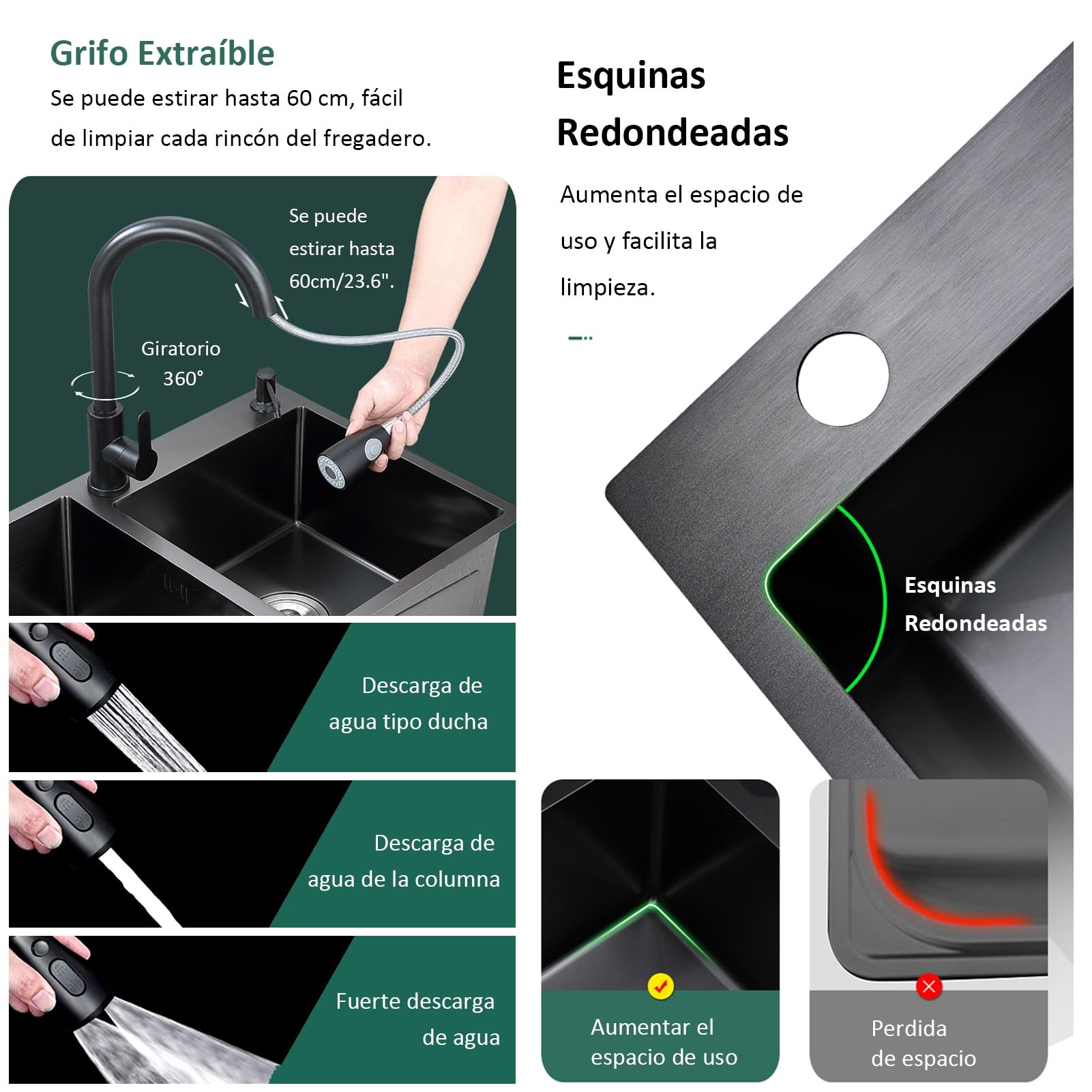 Fregadero de Cocina Negro de Acero Inoxidable 304 con Grifo extraíble, Cesta de desagüe Extensible, dispensador de jabón y Accesorios, Fregadero Doble Grande para Barra, estación d