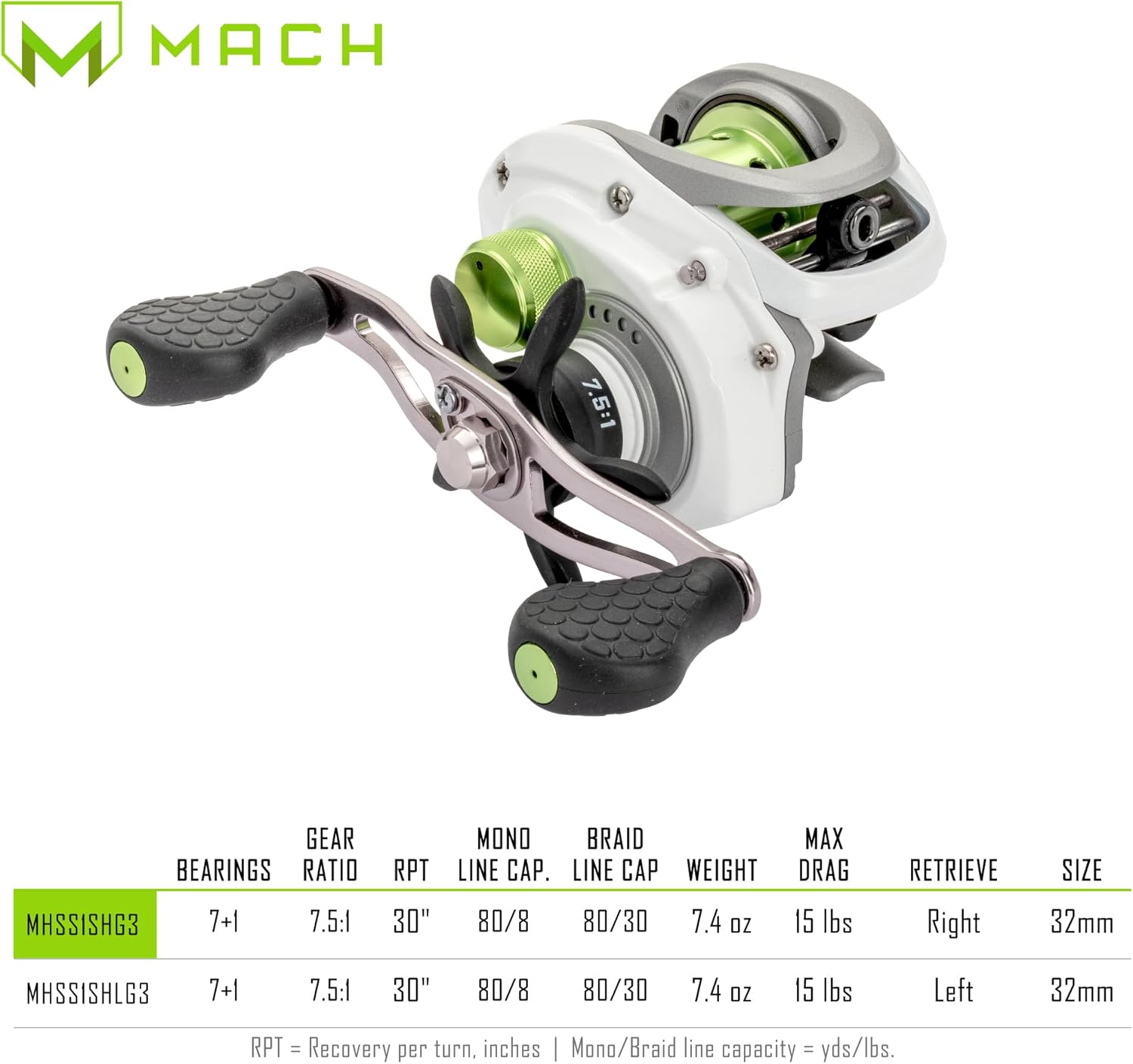 Lew’s MACH 1 SS Baitcast Fishing Reel, 7+1 Bearings, 7.5:1 Gear Ratio, Graphite Frame and Sideplate, Shallow Spool, Right-Hand Retrieve