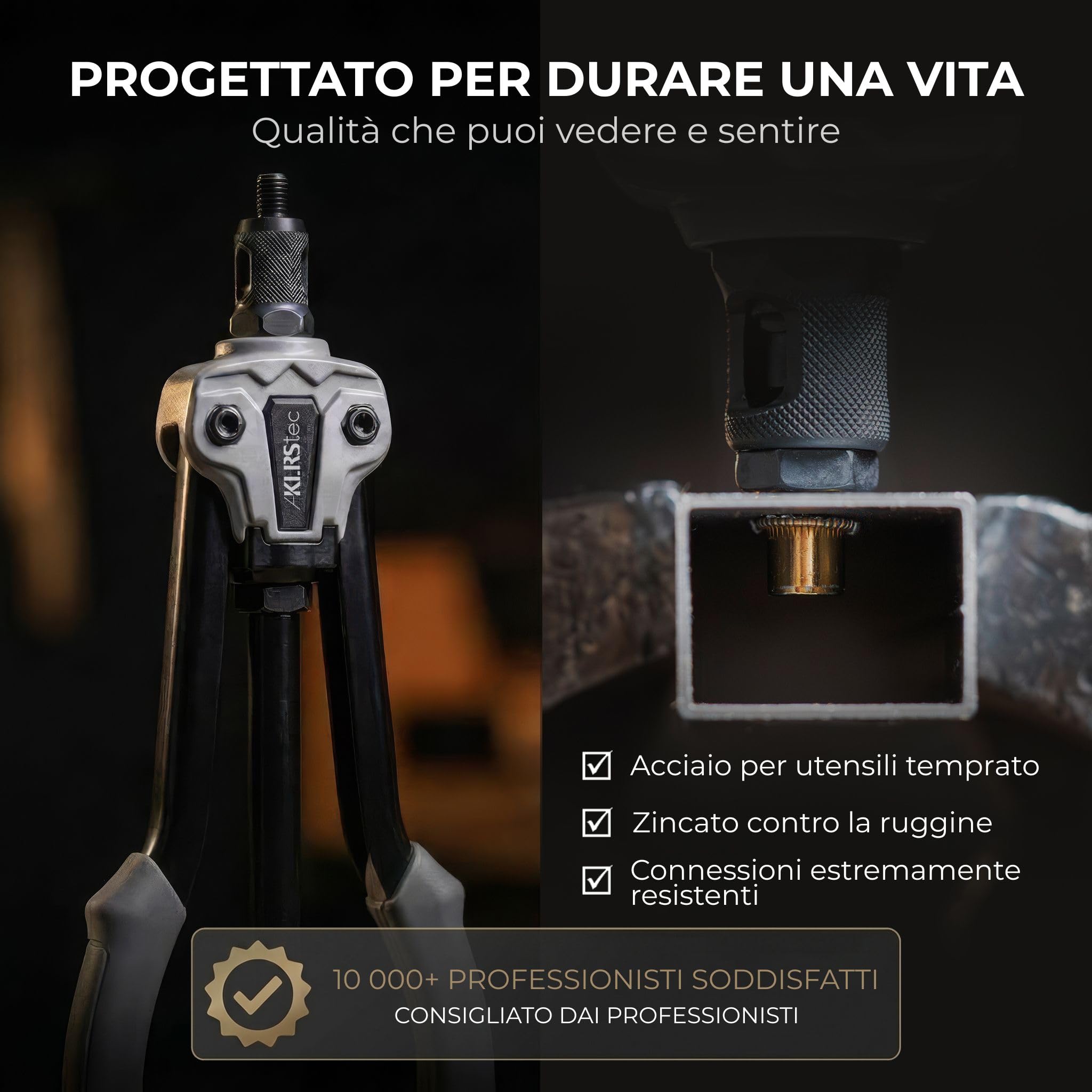 KLRStec Professional Rivettatrice per Inserti Filettati Set [M3-M12] Pinza Semiautomatica per Lavoro Più Veloce incl. 70 Inserti Filettati, Punta a Gradini e Valigetta - Kit Pro Dadi a Rivetto