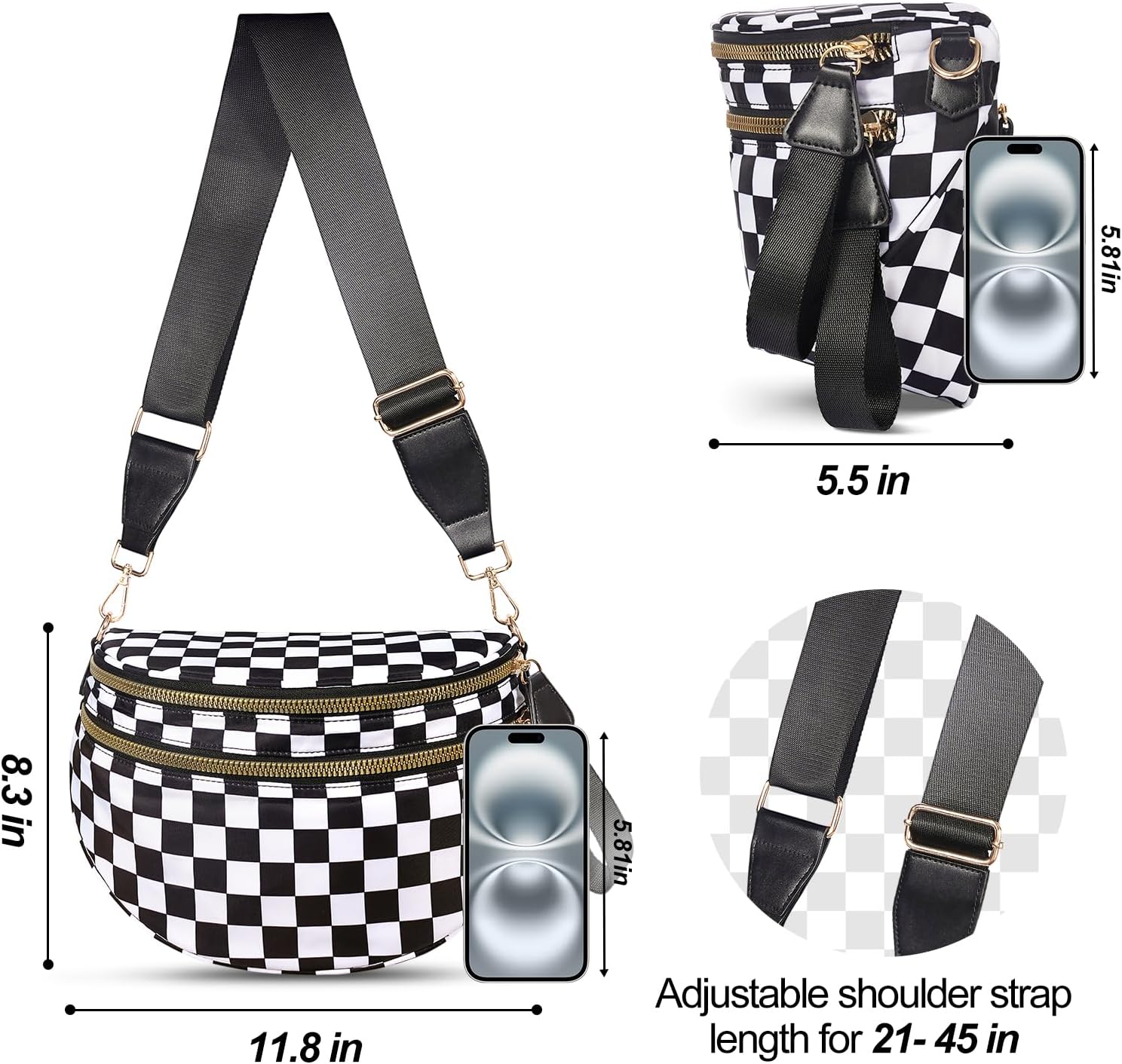 Checkered Crossbody Bag,Nylon Bum Bags for Women Crossbody,Spacious Sling Bag Purse Fanny Packs with Shoulder Strap - Image 3