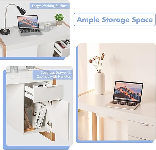 Miniatura 5 de IFANNY - Escritorio de oficina blanco escritorio de madera con cajón y gabinete escritorio de trabajo moderno para dormitorio escritorio de