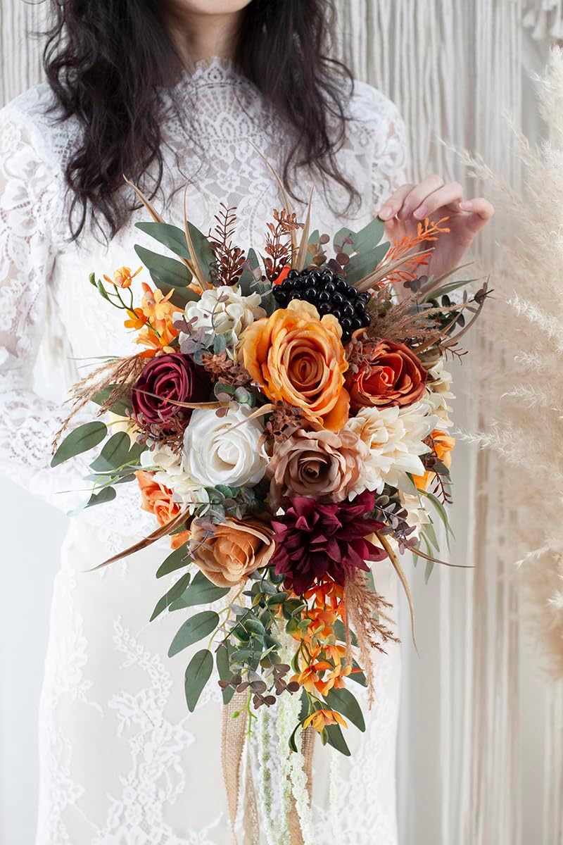 12 Inch Cascade Wedding Bouquets for Bride, Fall Burnt Orange Cascading Bridal Bouquet for Wedding Silk Artificial Flowers