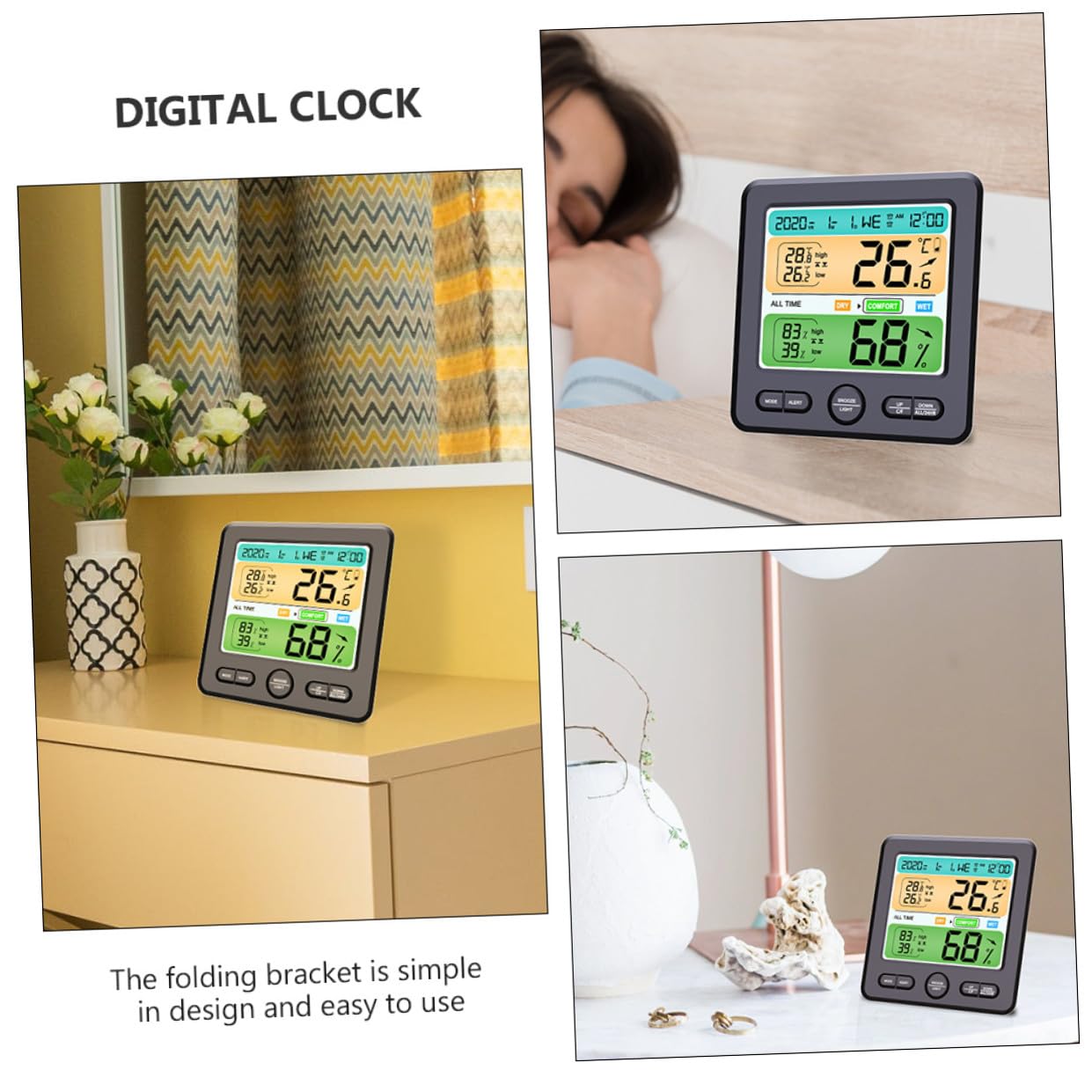 Thermohygrometer Uhr mit LED Display, Faltbarer Halter, Abs Schwarz | 1 Stück, ohne Batterie, für Wand oder Tisch, Temperatur ±1 °c, Luftfeuchte ±5 % Rh