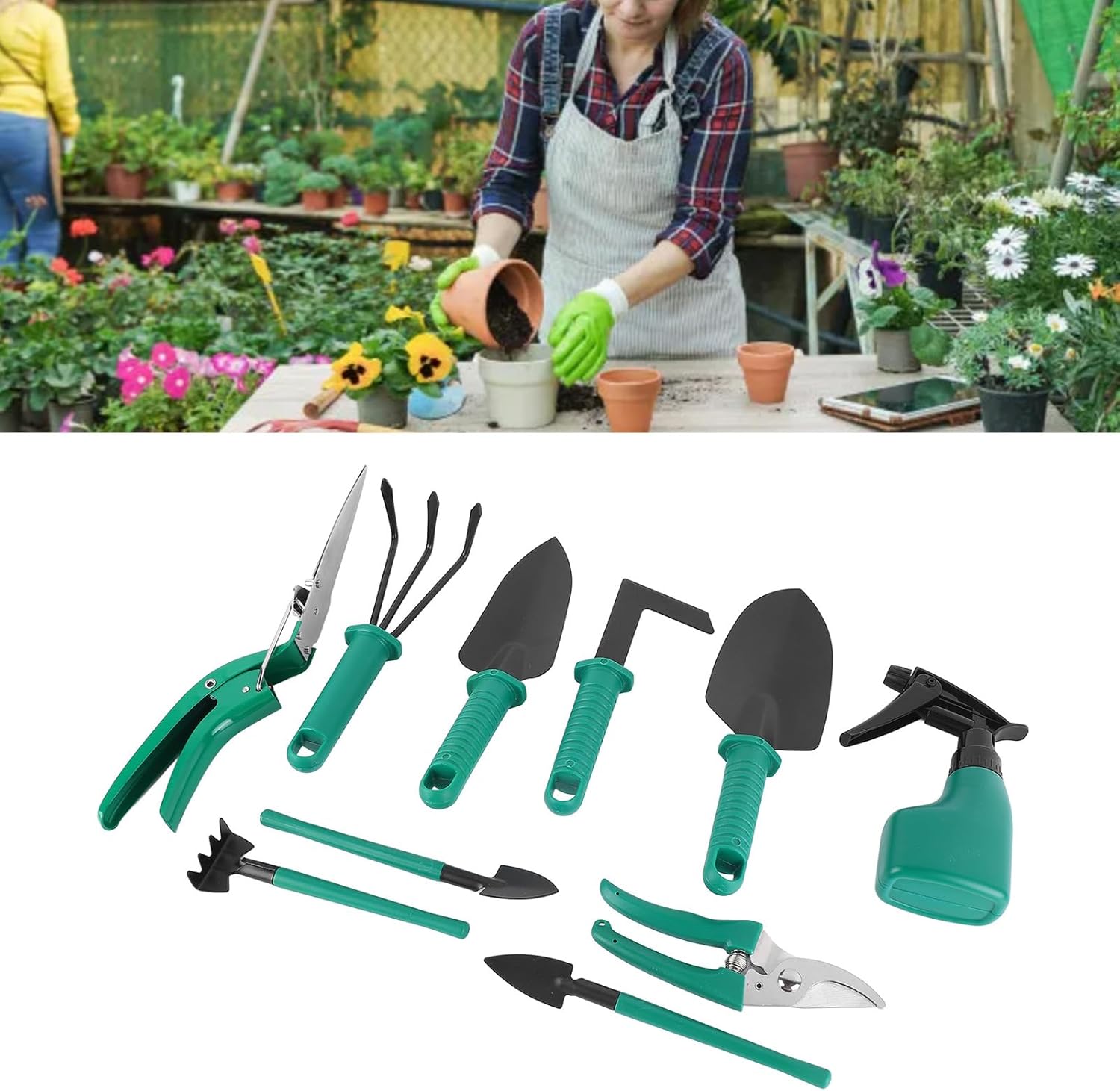 Garden Tool Set, 10 Piece Gardening Tools Green Gardening Tools with Portable Organizer Box Iron Material Gardening Tool Kit for Garden Yard Street
