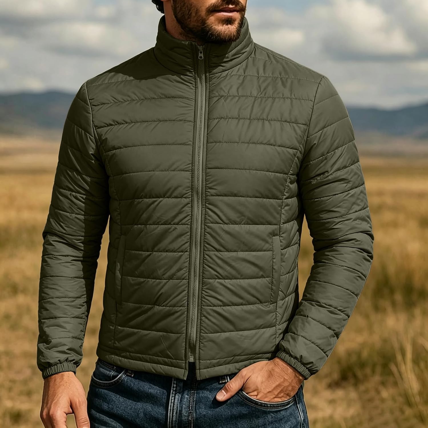 Men's Lightweight Puffer Jacket Stand Collar Full Zip Quilted Coat