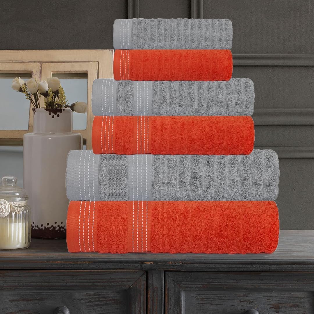 Casa Copenhagen Juego Regalo 6 Toallas baño,600 gsm,Naranja Gris Violeta | elegance Juego de toallas 100 % algodón egipcio: 2 baño, 2 mano y 2 paño de lavado(set de regalo para mujeres / hombres)