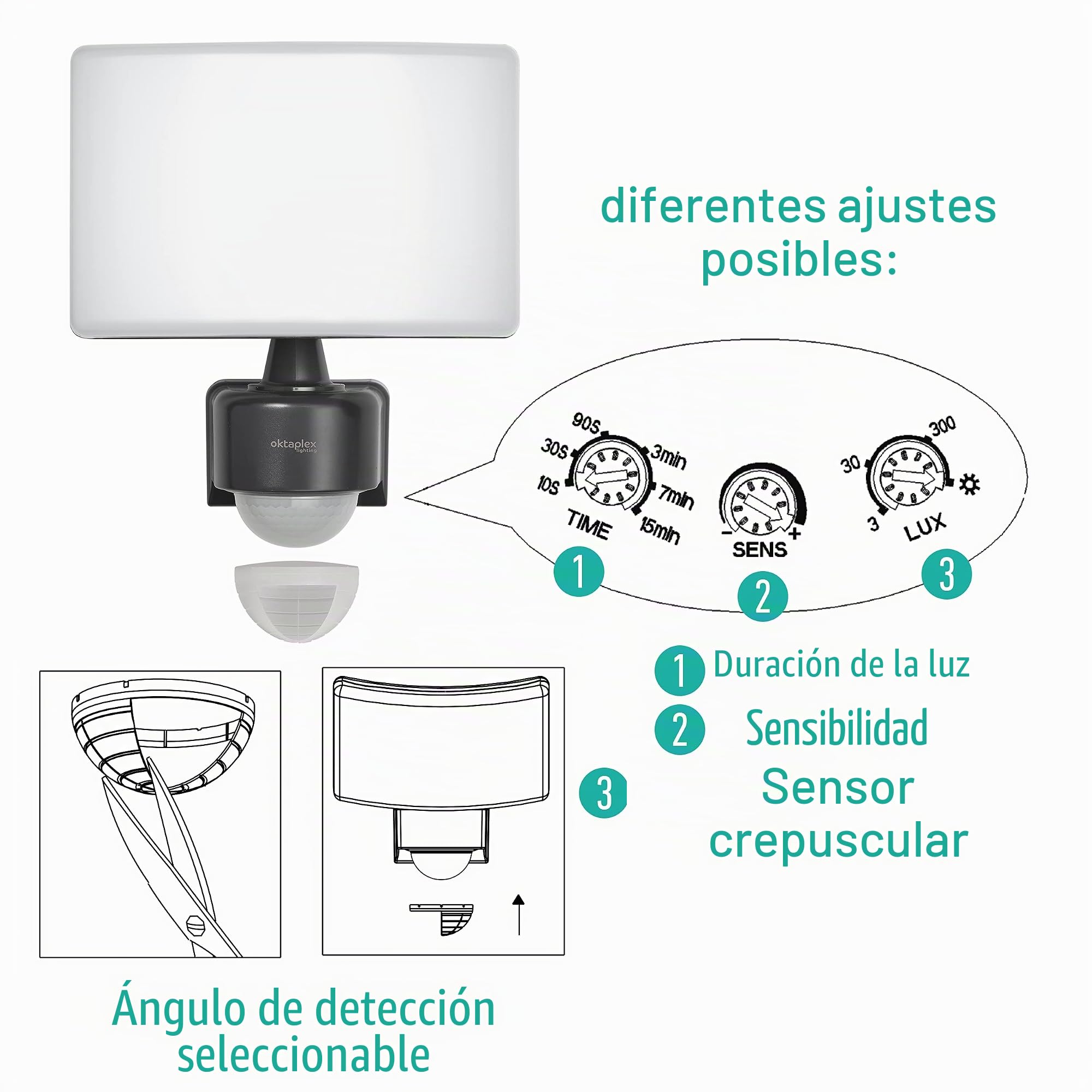 Oktaplex Foco LED Para Exteriores con Detector de Movimiento 30W 3000K 2200lm IP65 Versión Master Luz Exterior de Pared Antracita