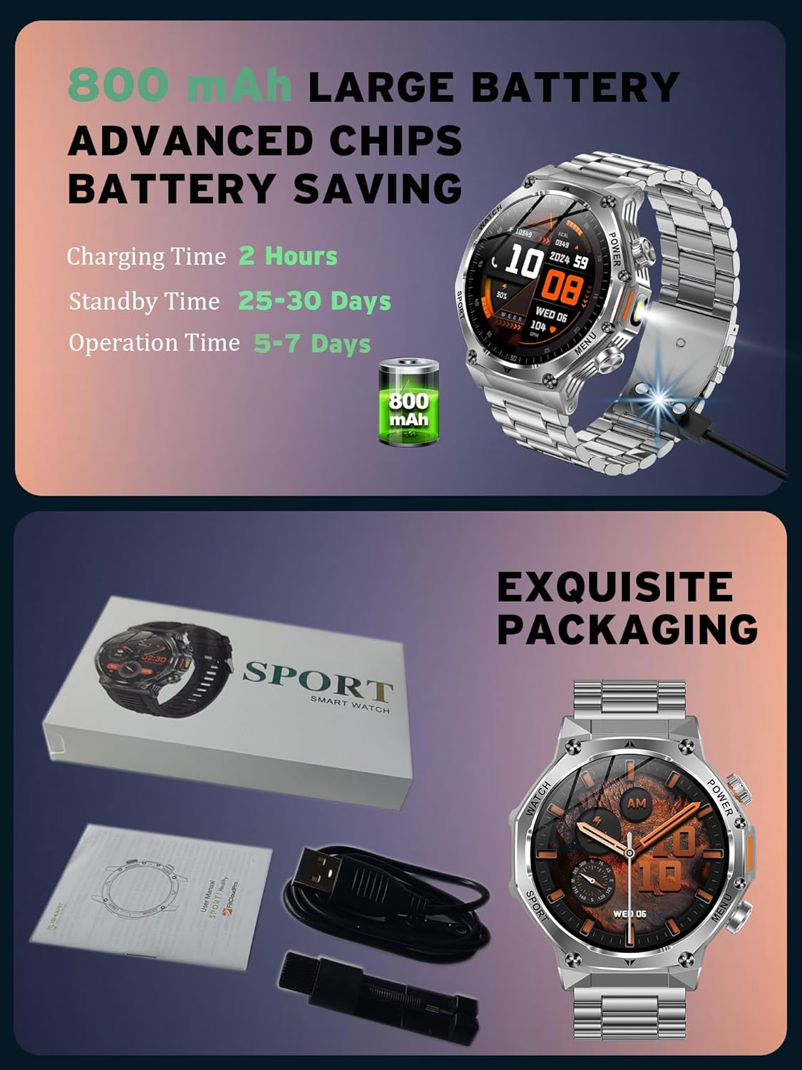 Fitness Smart Watch for Men Women, Bluetooth Calling & 1.8" AMOLED, SpO2/Heart Rate/Sleep Tracker, 100+ Workout Modes, IP67 Waterproof, 7+Day Battery, iPhone Android Compatible (Silver)
