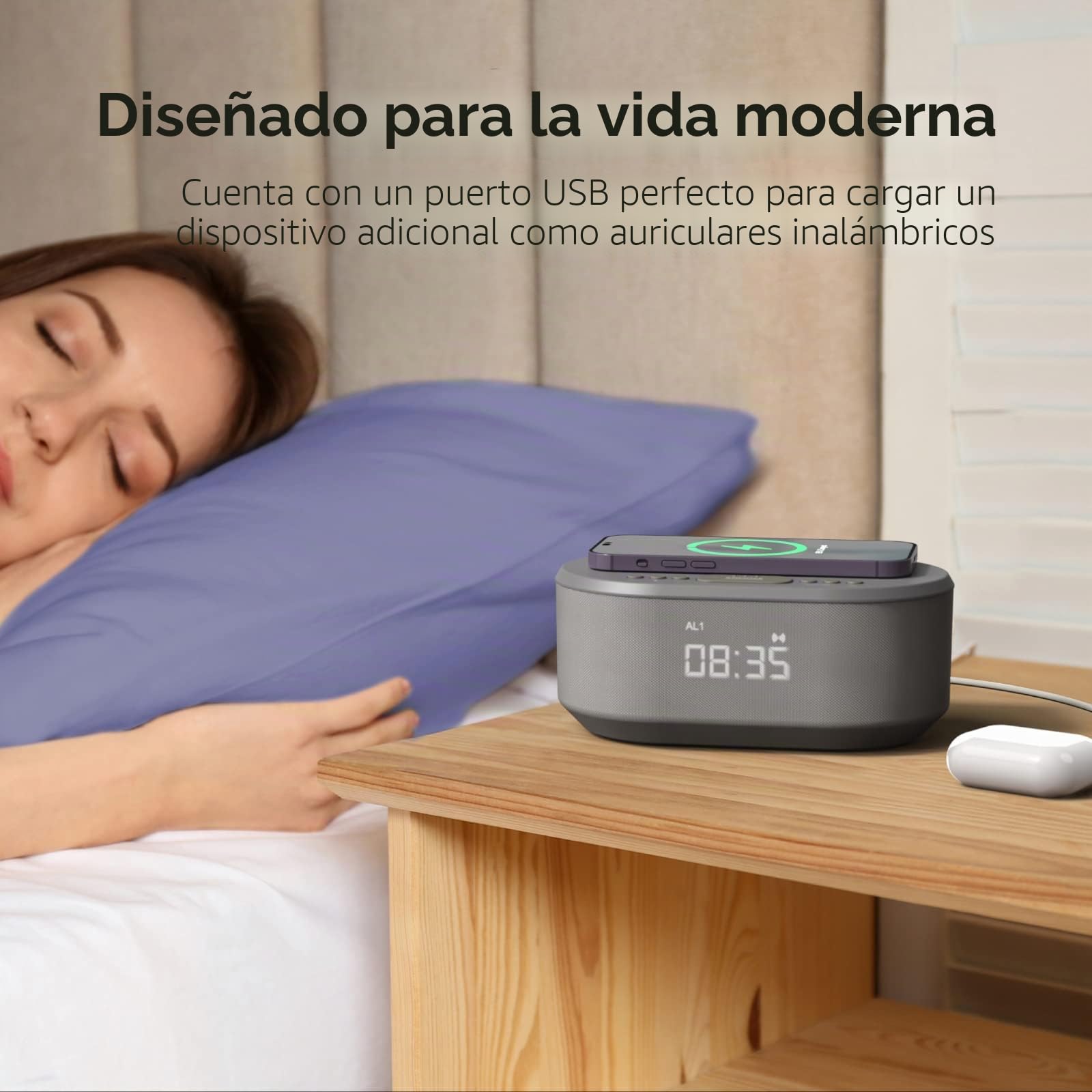 i-Box Reloj Despertador al Lado de la Cama, Reloj Despertador con Carga inalámbrica, Altavoz Bluetooth, Reloj Despertador de Radio, Cargador inalámbrico Qi rápido, alimentación de Red, Radio FM