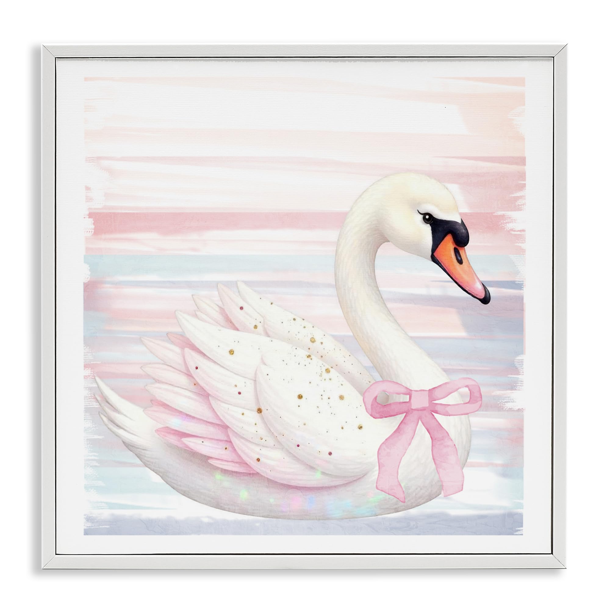 Stupell Industries Pink Swan with Ribbon White Framed Giclee Art, design by Kim Allen, 12 x 12