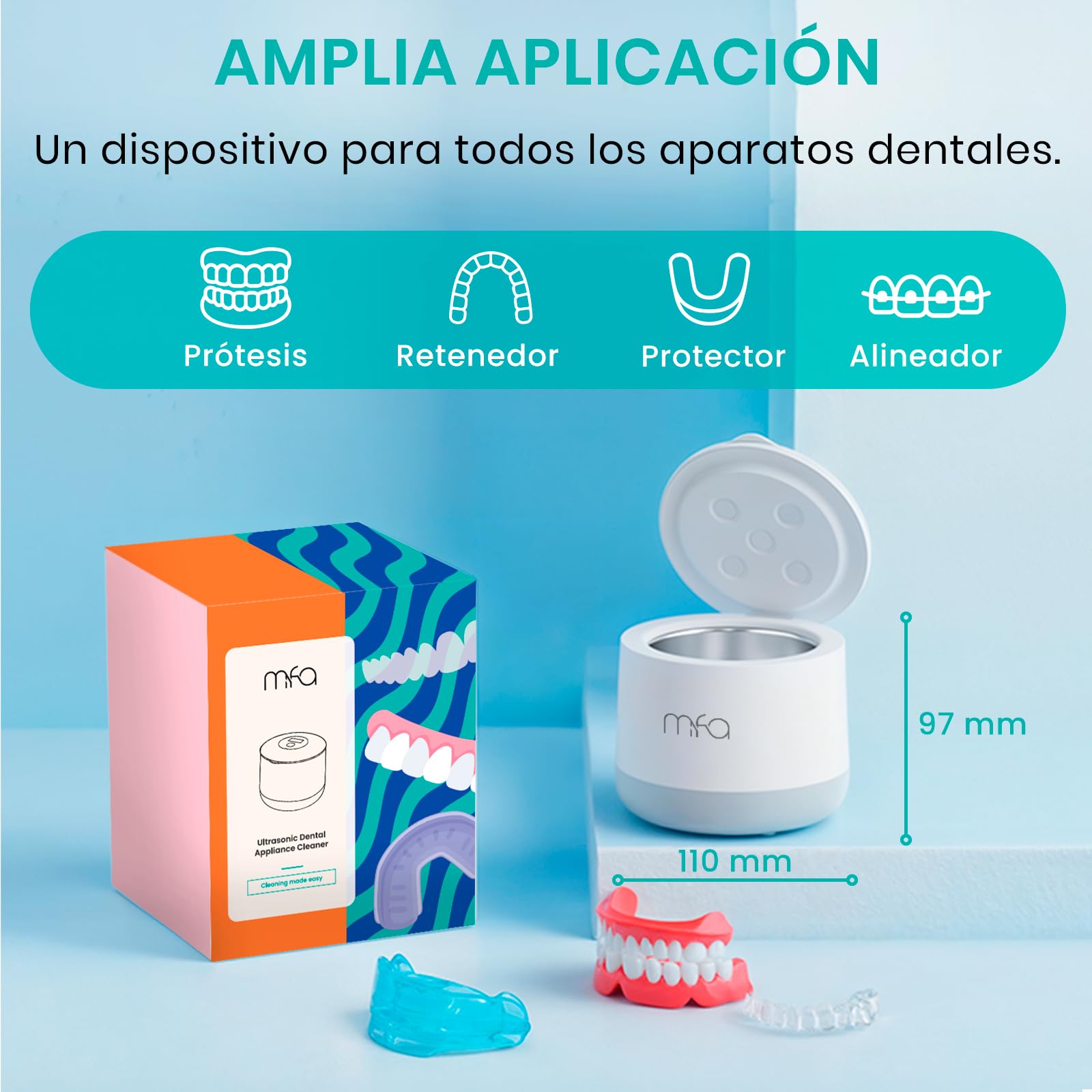 mfa | Limpiador ultrasónico para prótesis dentales, ortodoncia, férulas, retenedores, alineadores, dentaduras, joyas, aparatos dentales | Ultrasonic Dental Cleaner