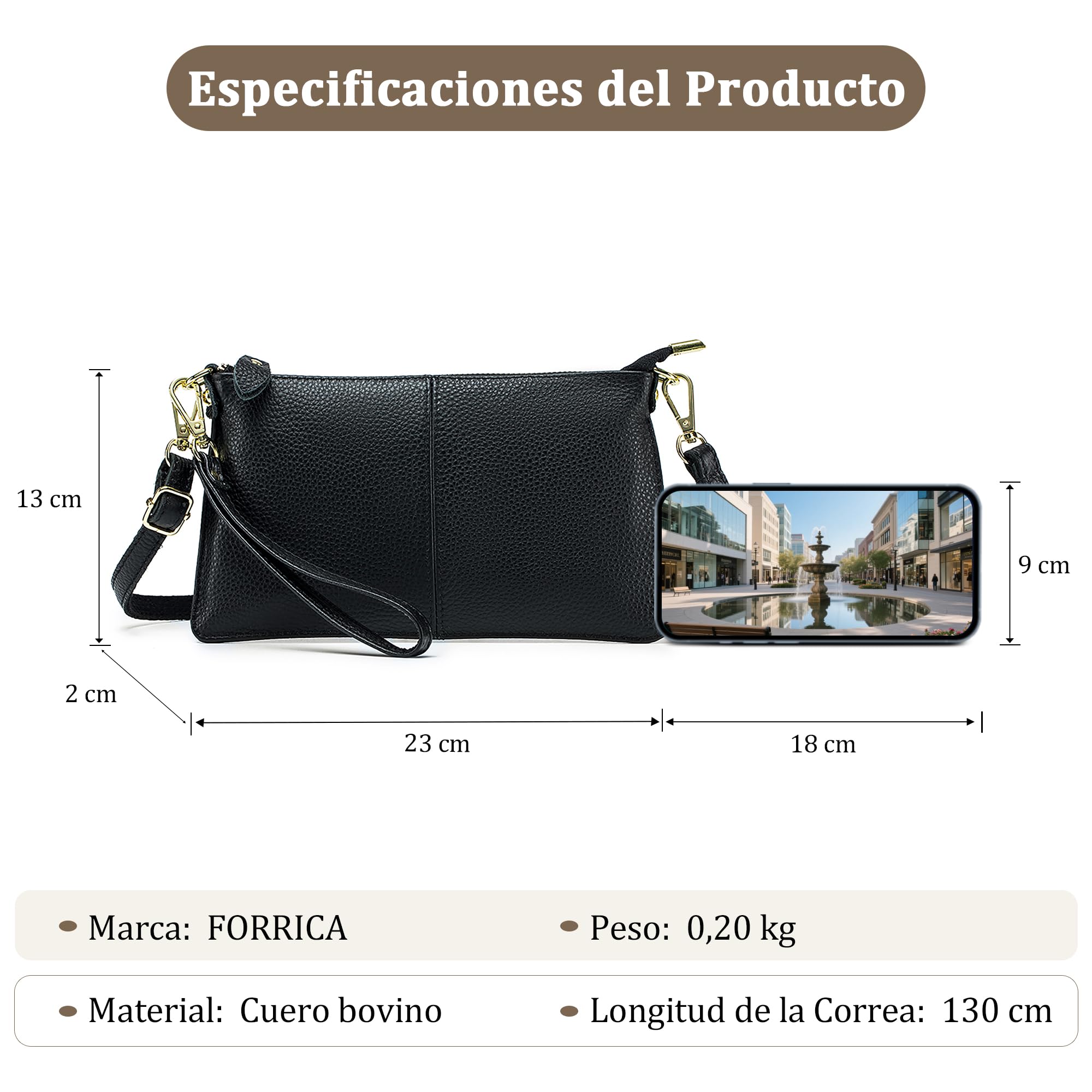Cartera Mujer Bolso Bandolera Pequeño Bolso de Teléfono Móvil Cuero Genuino Crossbody Bolsas Cremallera Monedero con Correas de Muñeca Negro Medianoche