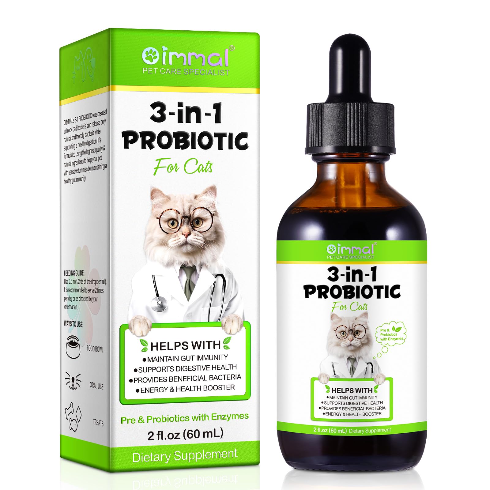 Probiotic for Cats, 3-in-1 Probiotics for Cats with Digestive Enzymes & Prebiotics, Supports Gut Health, Itchy Skin Relief, Allergies & Immunity, 60ml for All Ages